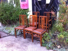 Five English Arts & Crafts Oak Dining Chairs with Simple Stylised Floral Details