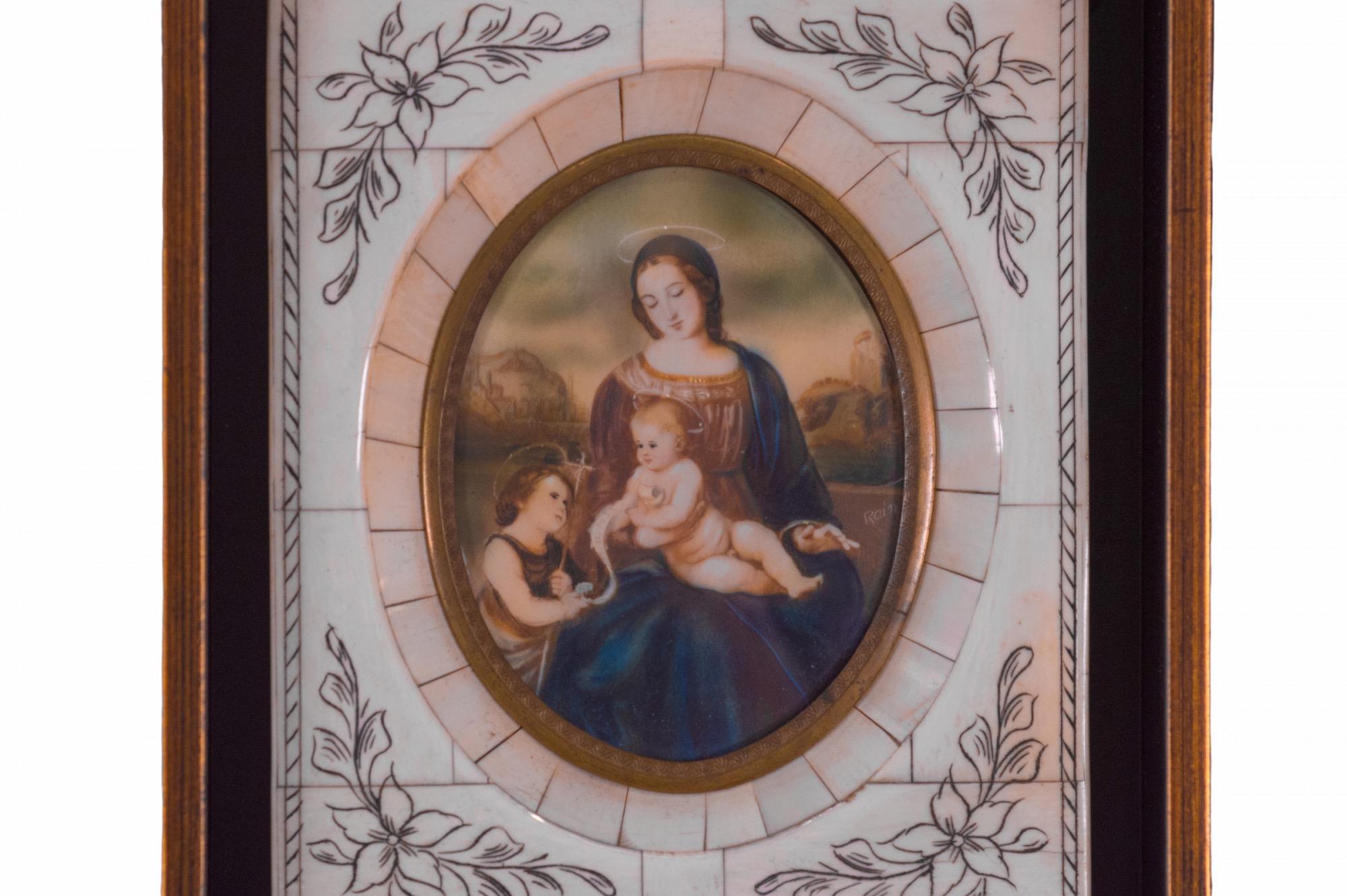 Hand-Painted Five European Paintings of the Virgin Mary over White Bone, 18th Century For Sale