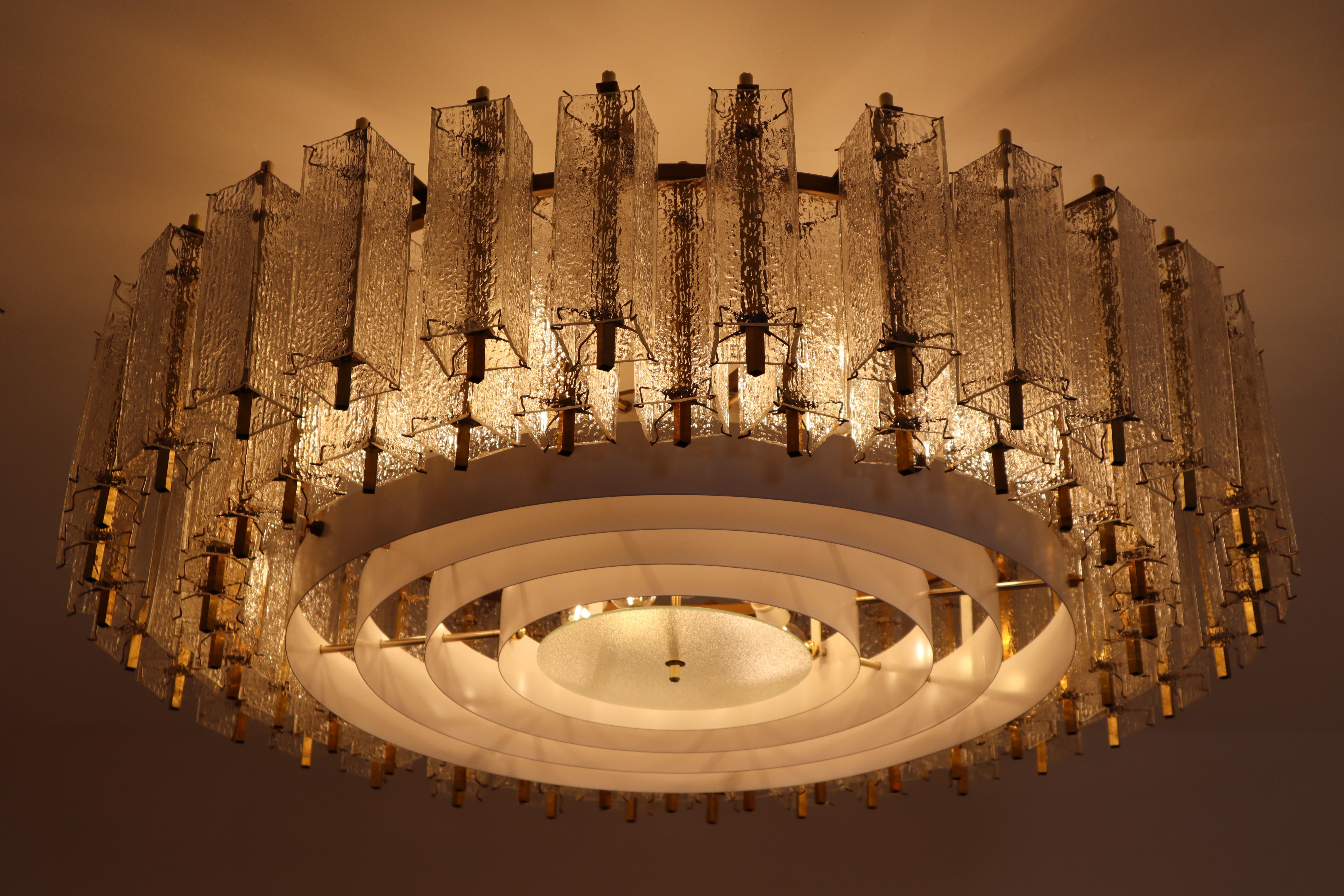 Extreme Large Midcentury Chandelier in Structured Glass and Brass, Europe 1960s 2