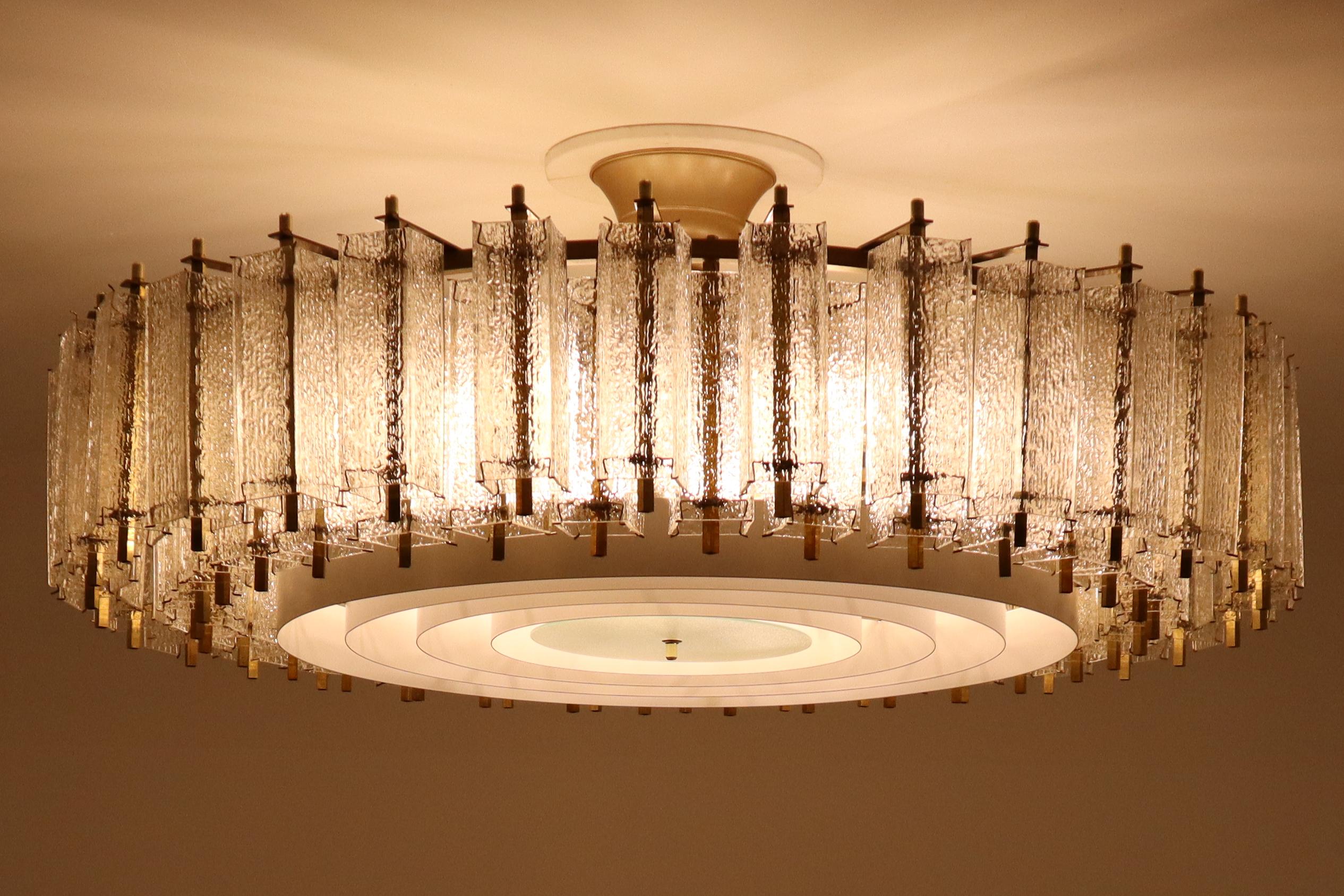 Extreme Large Midcentury Chandelier in Structured Glass and Brass, Europe 1960s 6