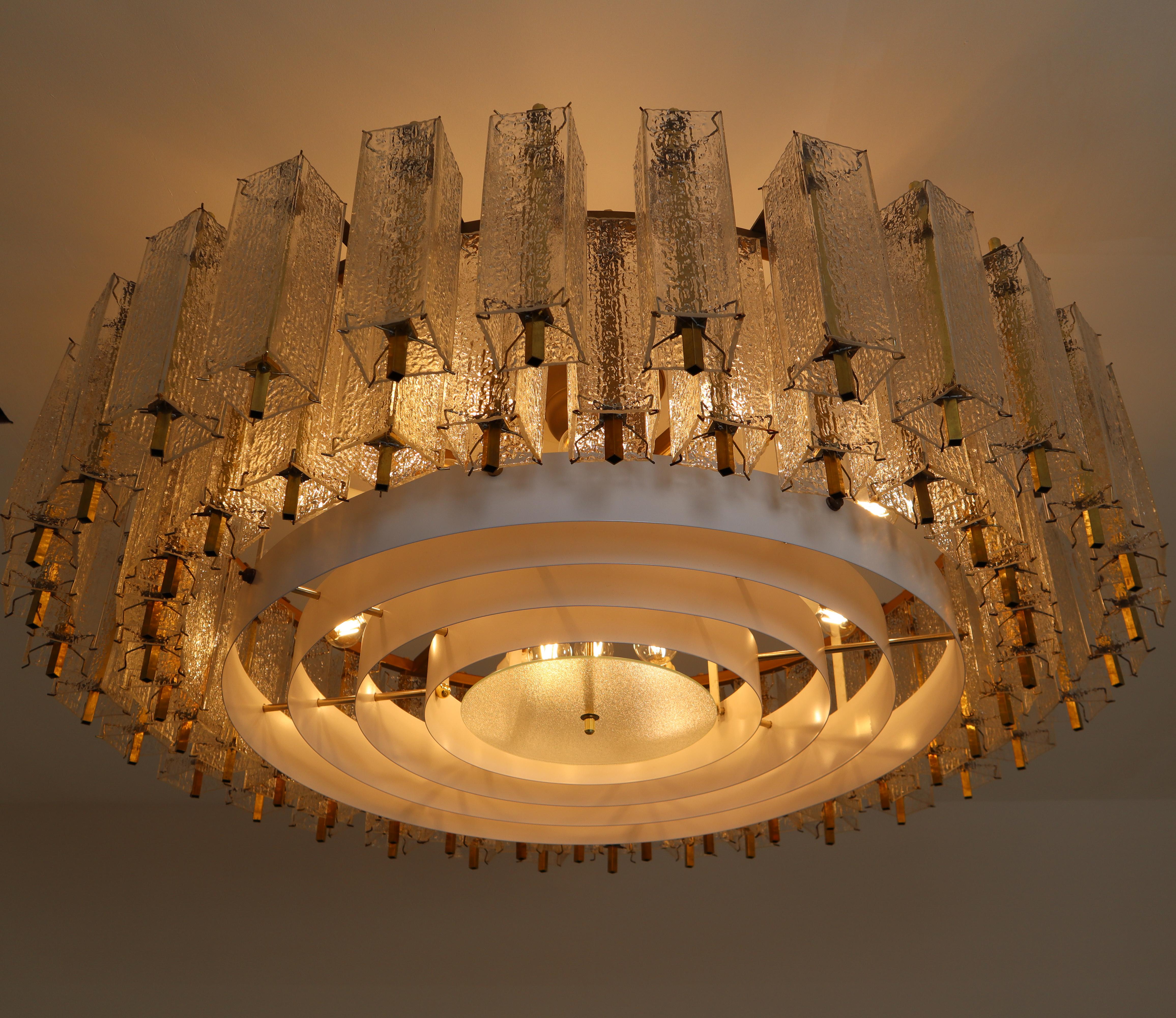 European Five Extra Large Midcentury Chandeliers in Structured Glass and Brass, Europe