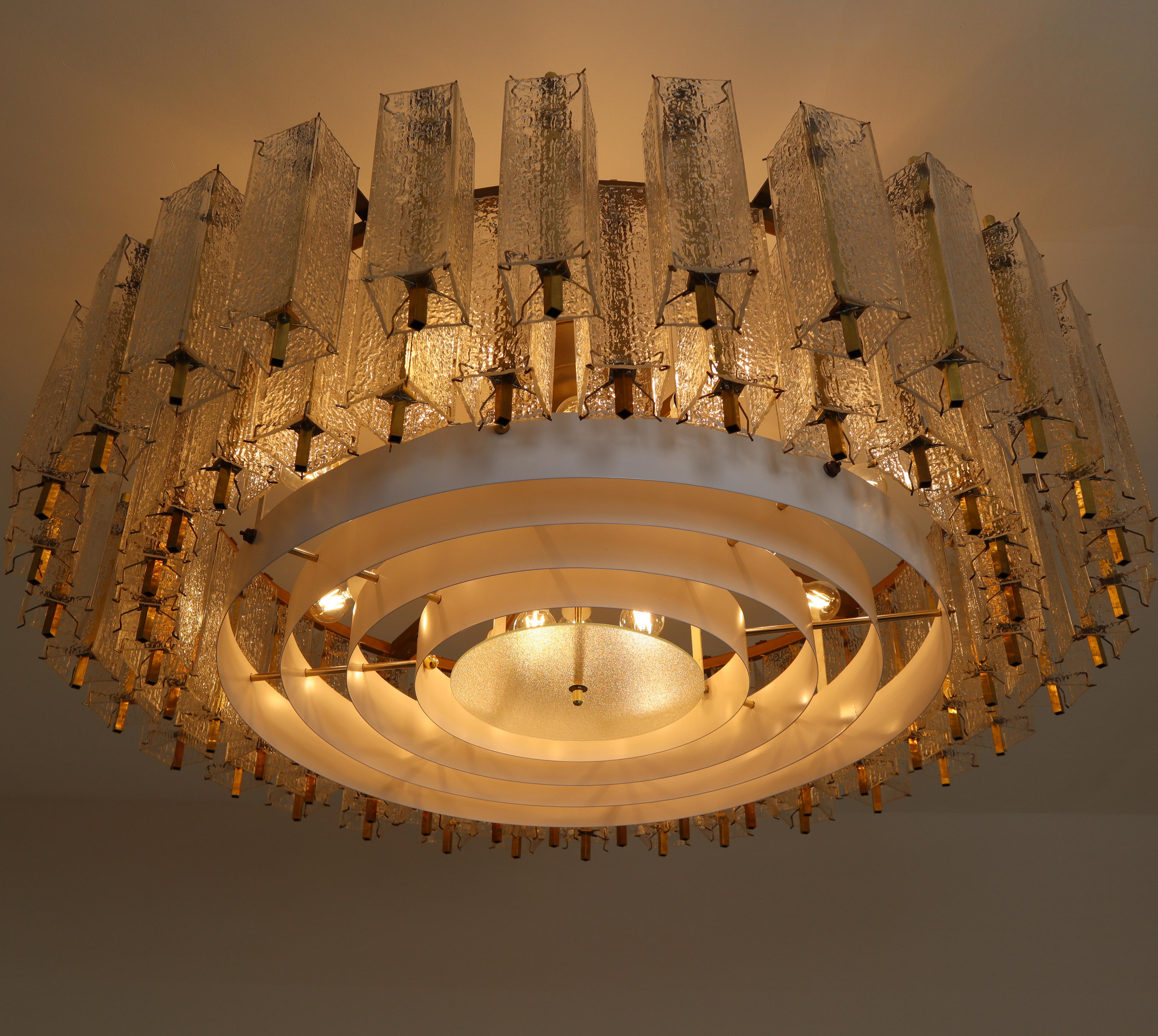 Five Extra Large Midcentury Chandeliers in Structured Glass and Brass, Europe 2