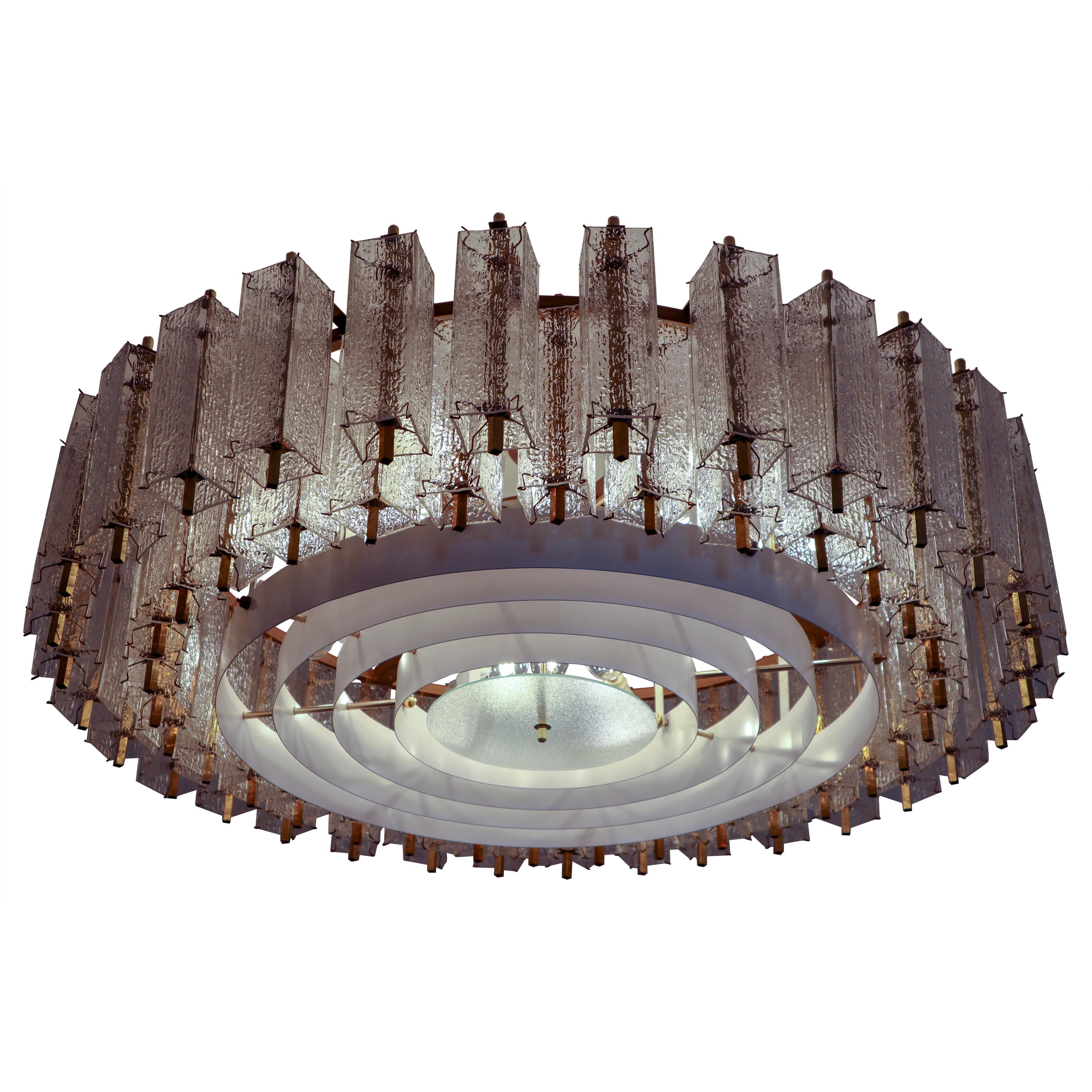 Extreme Large Midcentury Chandelier in Structured Glass and Brass, Europe 1960s