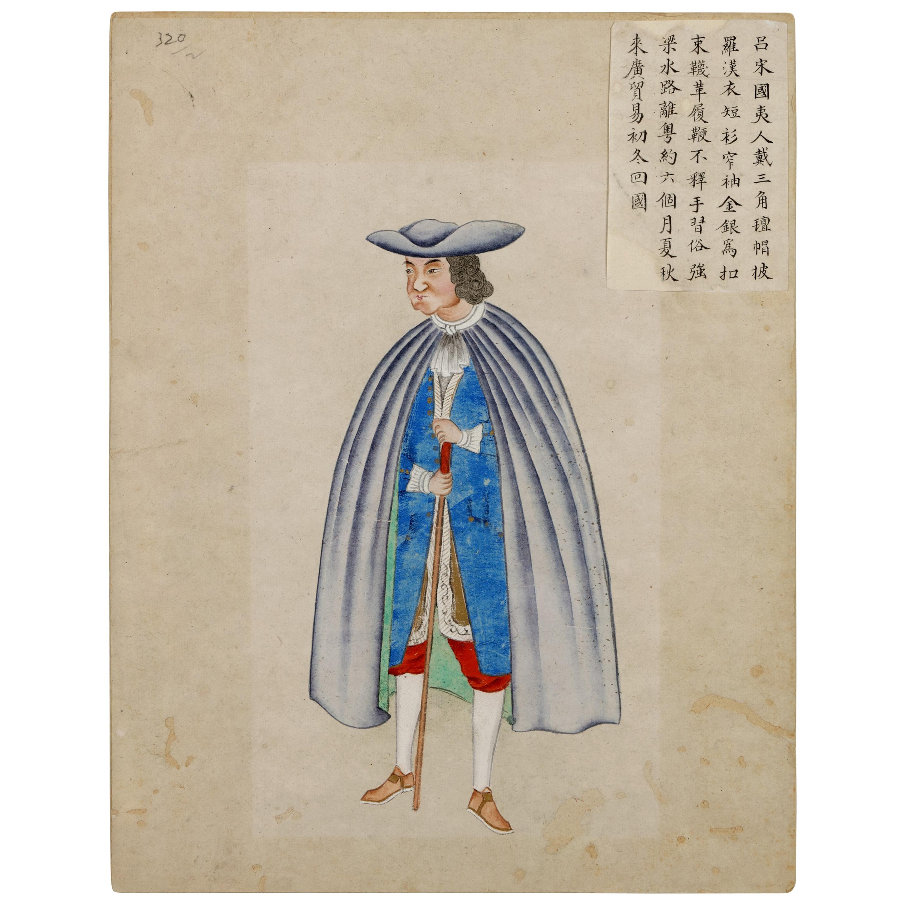Fünf äußerst seltene chinesische Zeichnungen von Auswanderern, 18. Jahrhundert, Kolonialzeit im Angebot