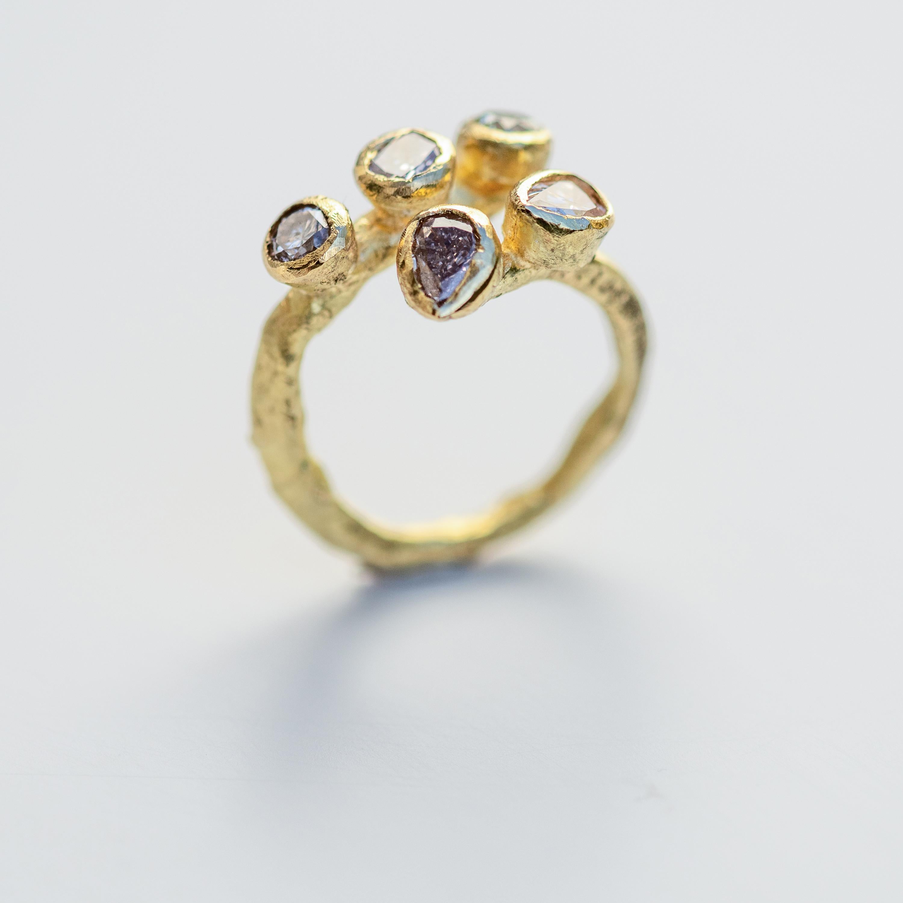 Women's or Men's Five Fancy Colored Diamonds 18 Karat Gold Textured Open Ring For Sale
