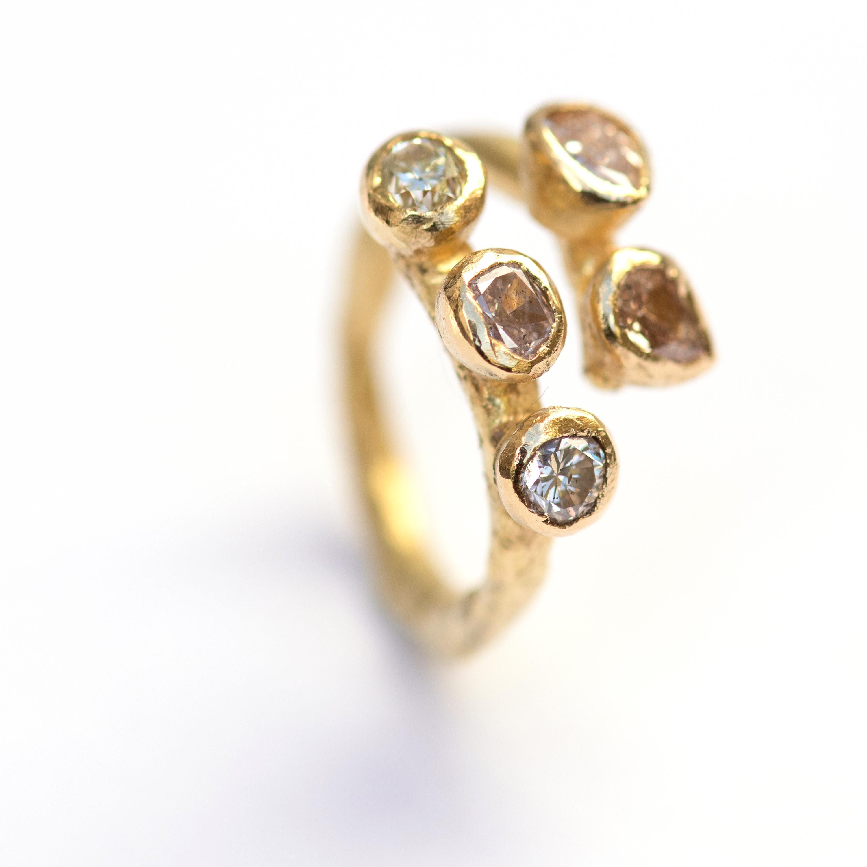 Five Fancy Colored Diamonds 18 Karat Gold Textured Open Ring For Sale 1