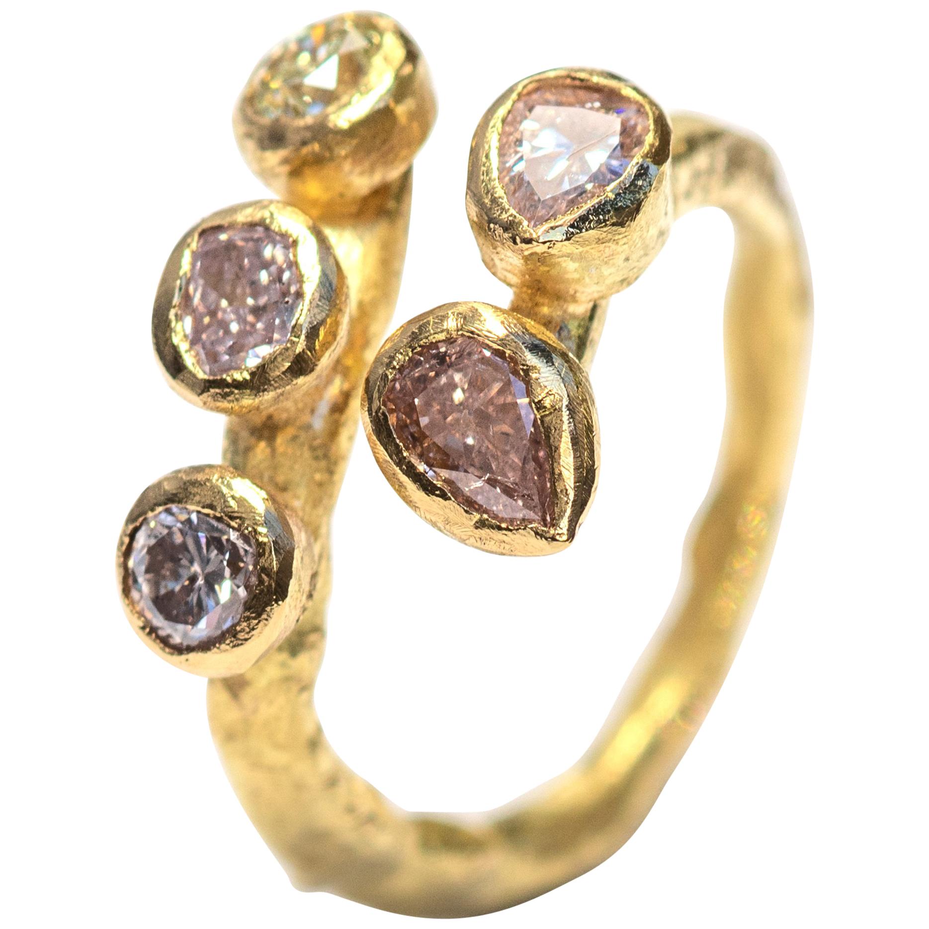 Five Fancy Colored Diamonds 18 Karat Gold Textured Open Ring For Sale