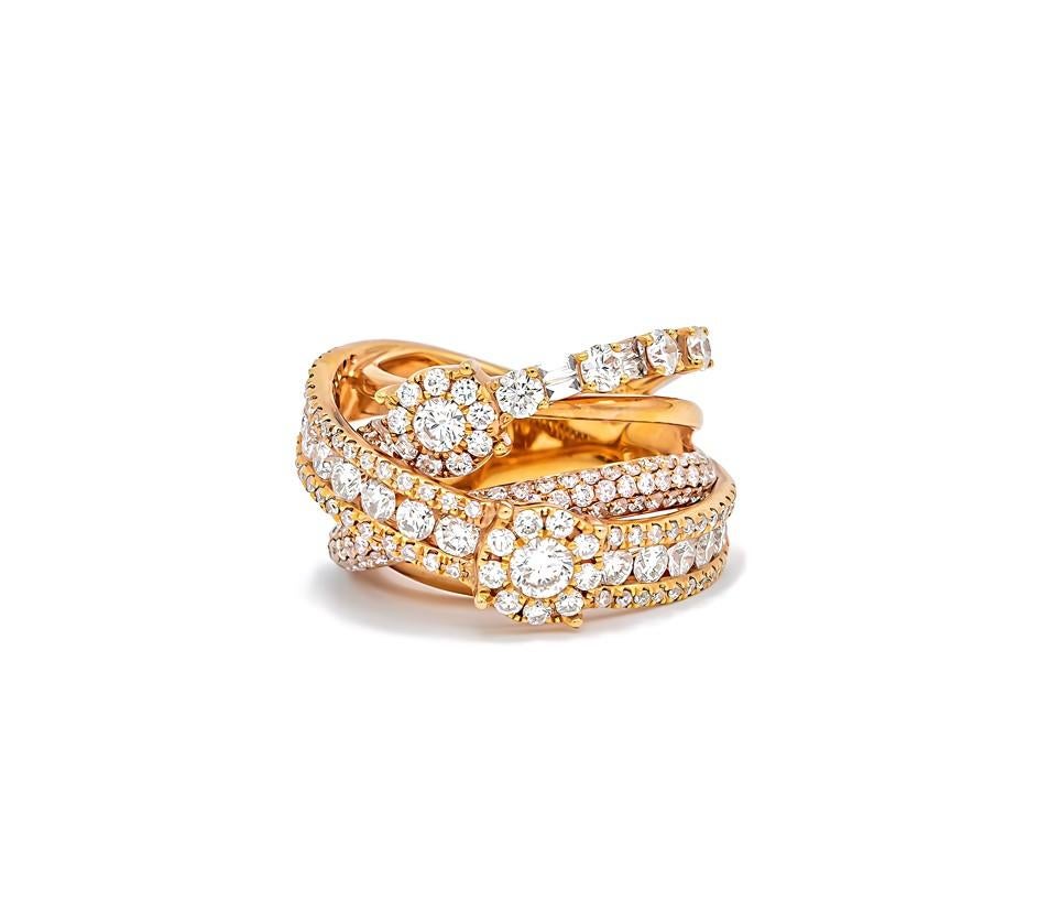 Artisan Five Fancy Gold and Diamond Filled Criss-Cross Band Cocktail Ring For Sale