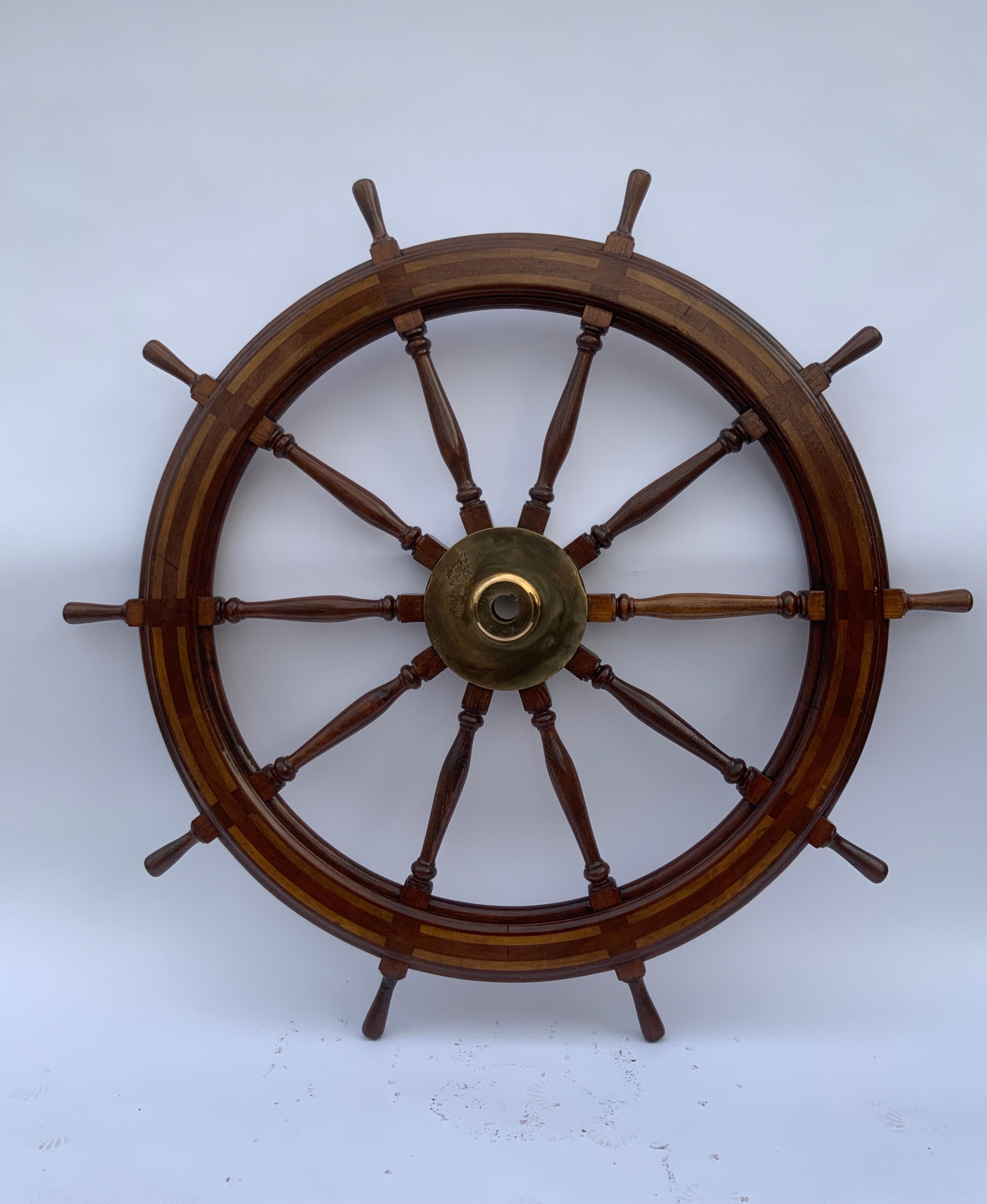 Five Foot Mahogany and Brass Ships Wheel In Good Condition For Sale In Norwell, MA