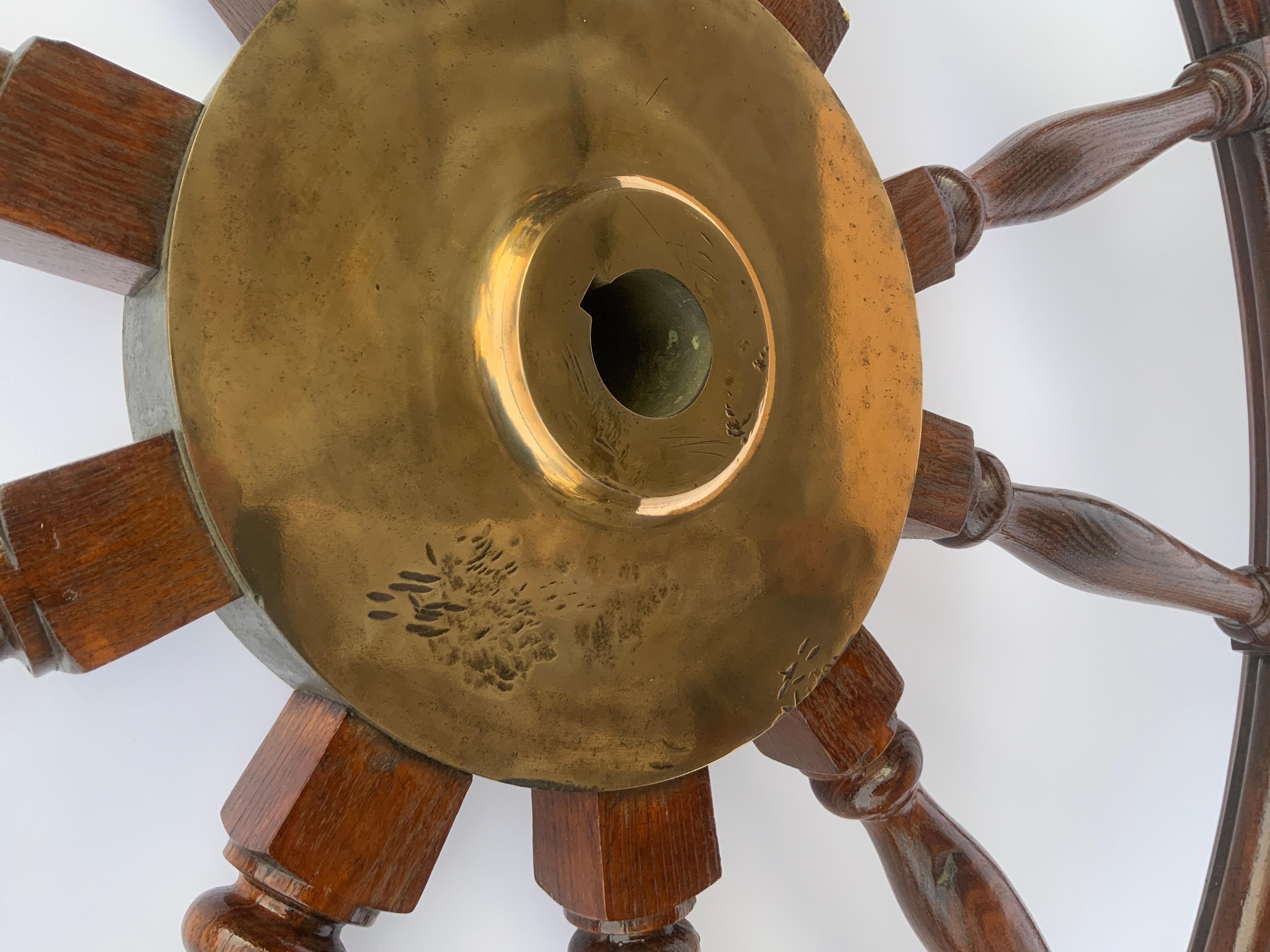 Early 20th Century Five Foot Mahogany and Brass Ships Wheel For Sale