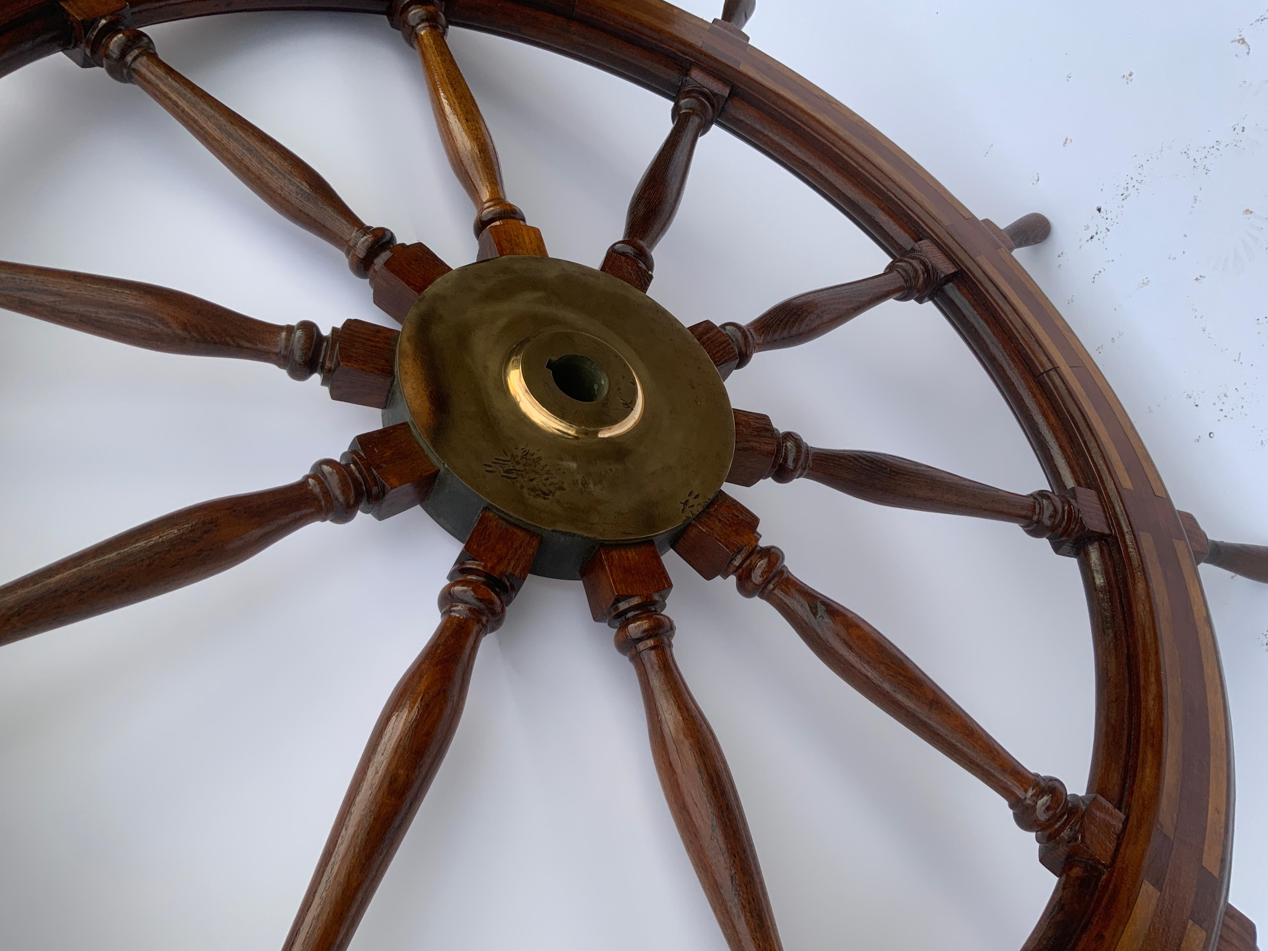 Five Foot Mahogany and Brass Ships Wheel For Sale 1