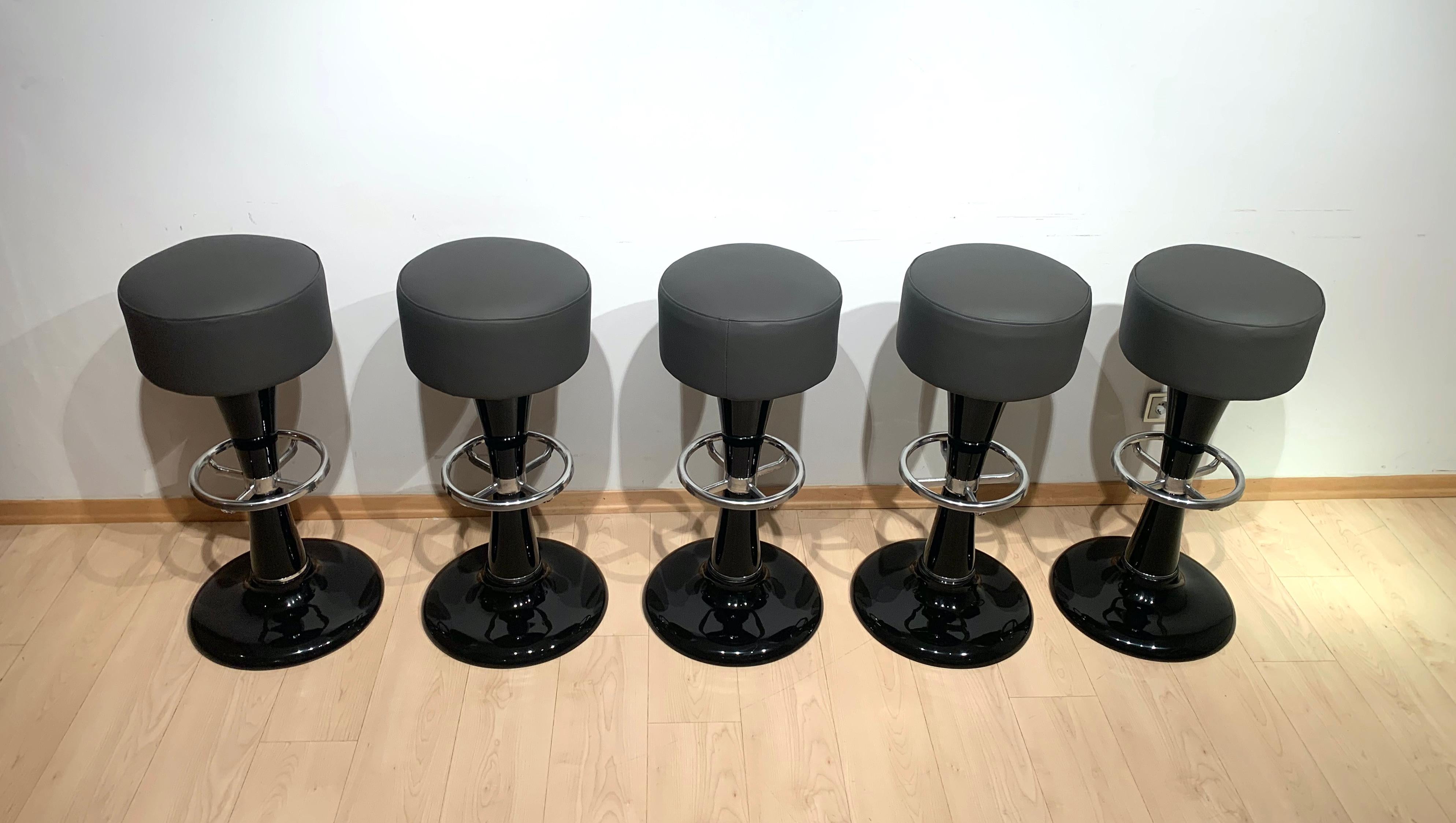 Galvanized Metal Barstools, Black Lacquer, Chrome, Grey Leather, France, 1950s For Sale