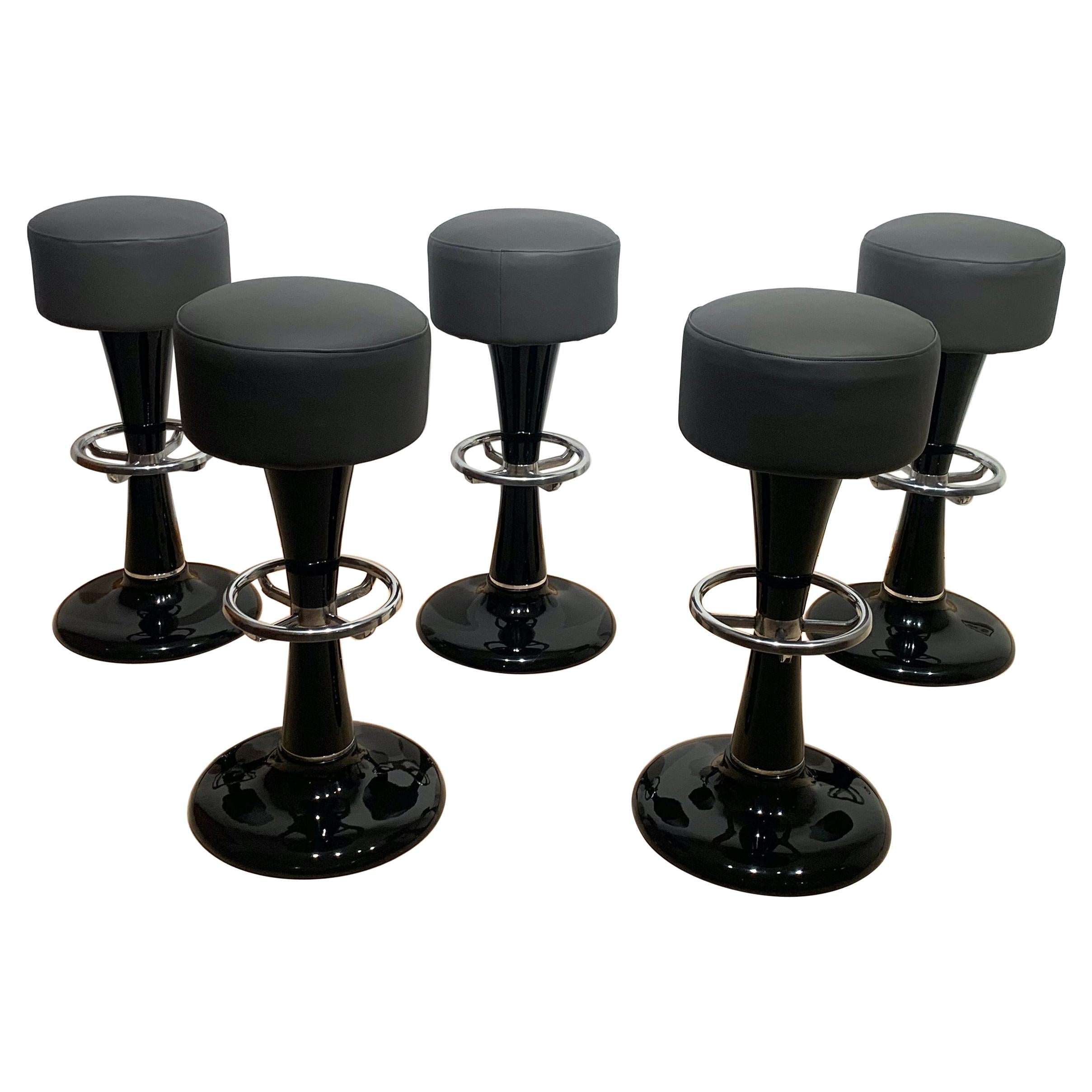 Five Barstools, Black Lacqueered Metal, Chromed, Grey Leather, France, 1950s