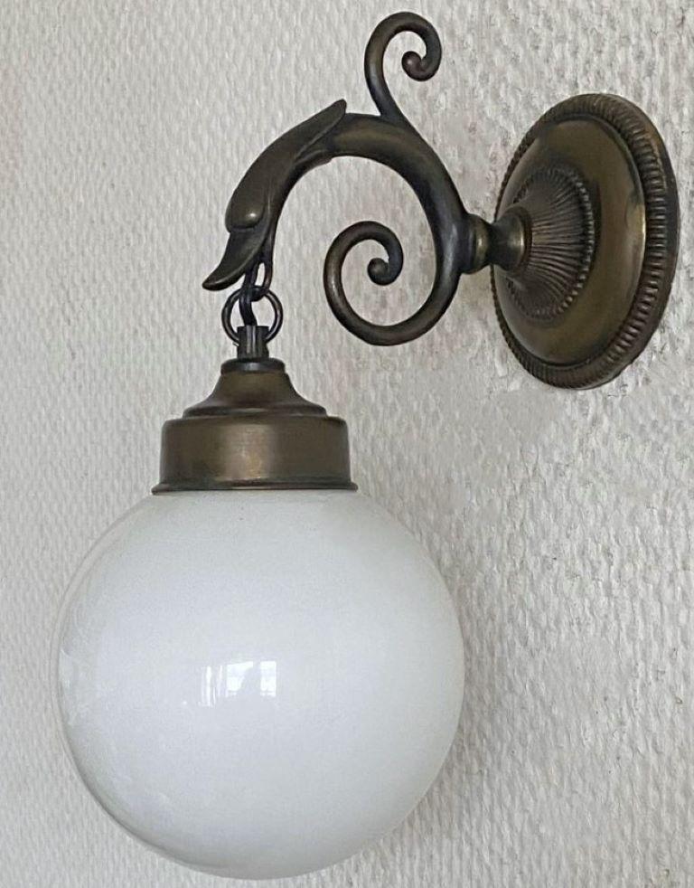 Five French Art Deco Brass Bird Opaline Glass Wall Sconces Indoor or Outdoor Use 3
