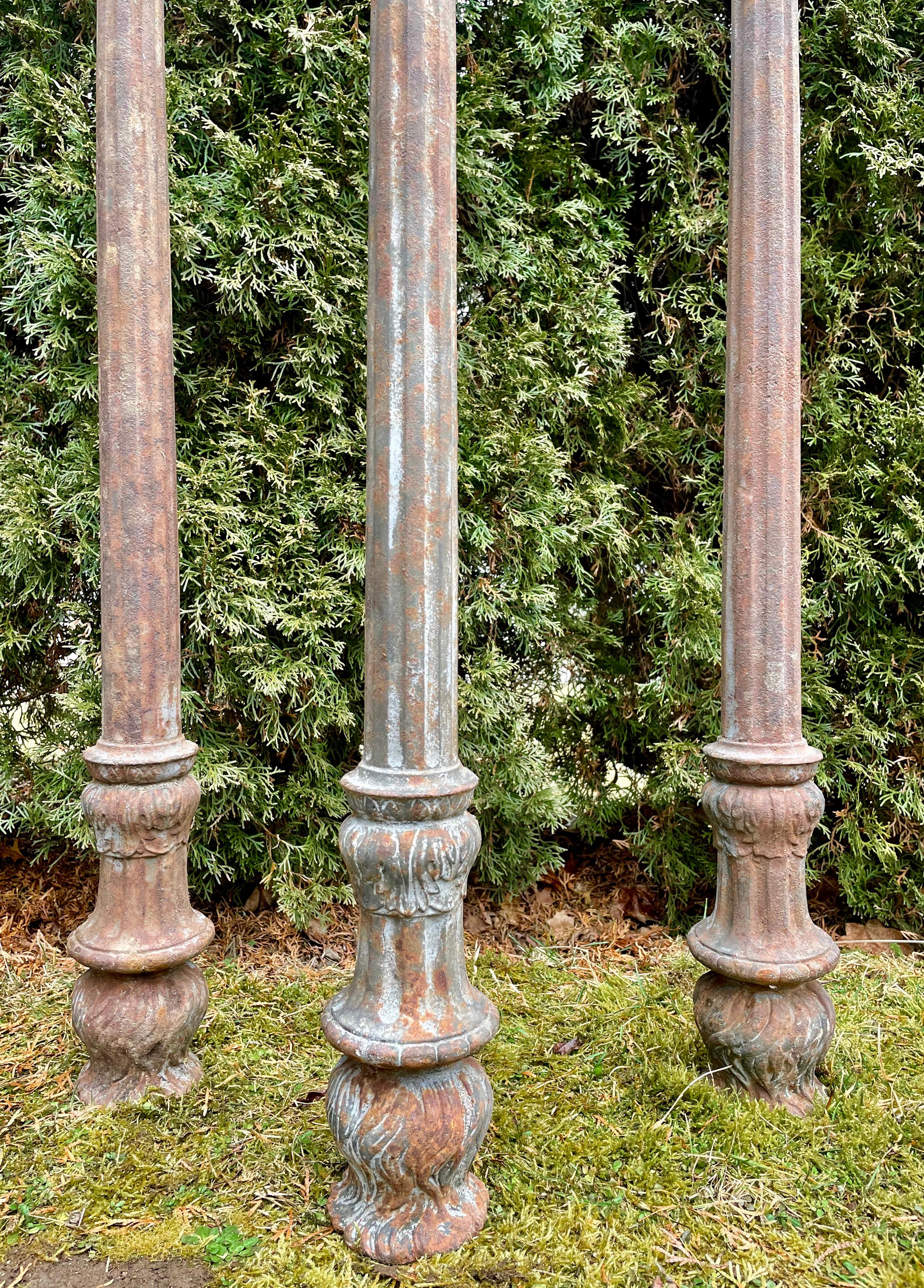 Napoleon III Five French Cast Iron Bollards with Elaborate Original Chain and Rosettes For Sale
