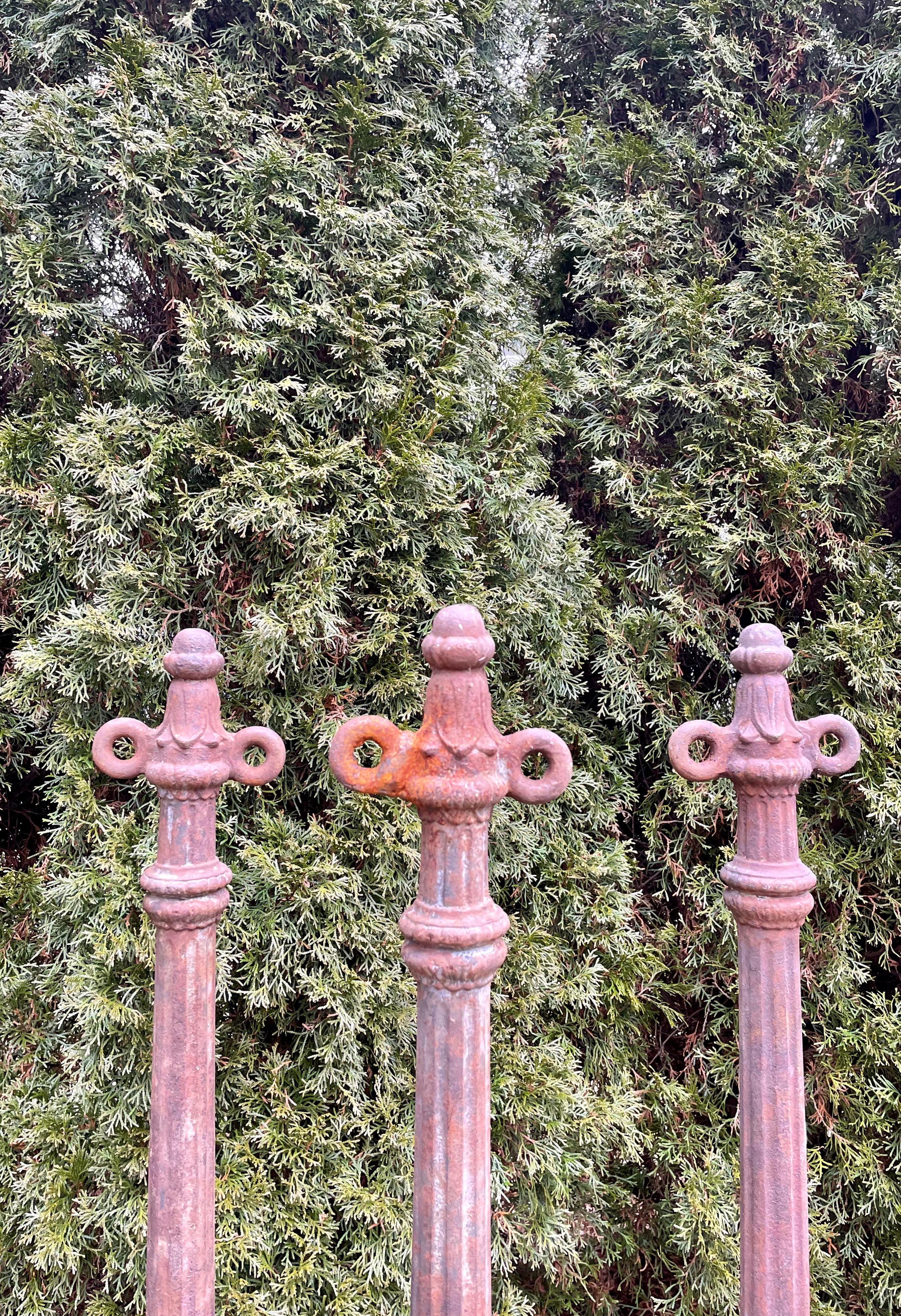 19th Century Five French Cast Iron Bollards with Elaborate Original Chain and Rosettes For Sale
