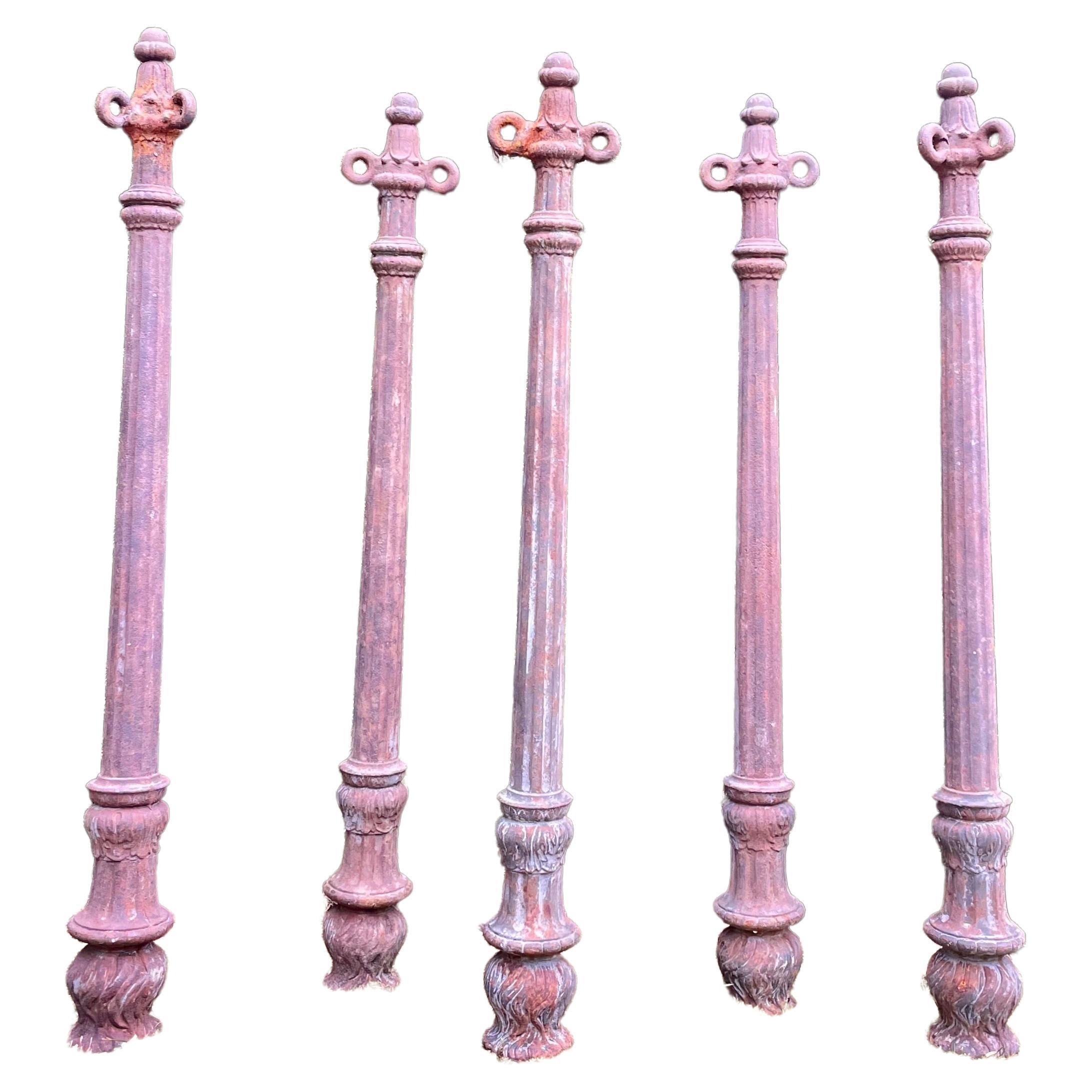 Five French Cast Iron Bollards with Elaborate Original Chain and Rosettes For Sale