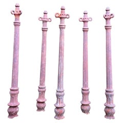 Antique Five French Cast Iron Bollards with Elaborate Original Chain and Rosettes