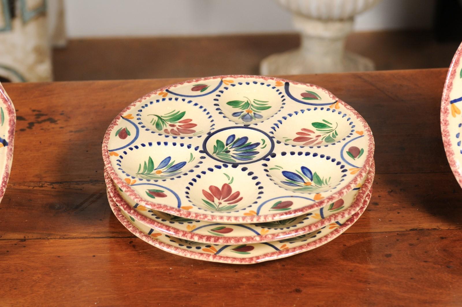 Faience EightFrench Quimper 19th Century HB Manufacture Oyster Plates with Floral Motifs For Sale