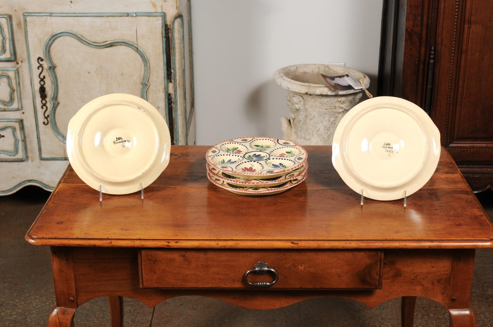 EightFrench Quimper 19th Century HB Manufacture Oyster Plates with Floral Motifs For Sale 2