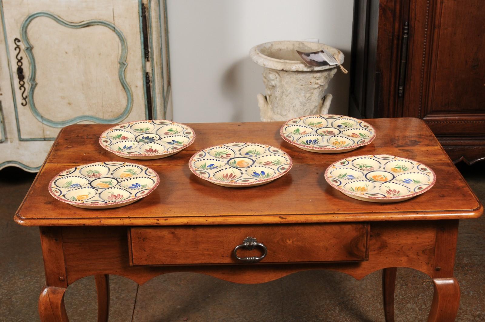 EightFrench Quimper 19th Century HB Manufacture Oyster Plates with Floral Motifs 4
