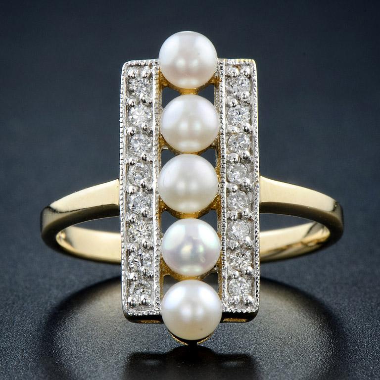 Art Deco Five Fresh Water Pearl and Diamond Vintage Style Ring in 9K Yellow Gold For Sale