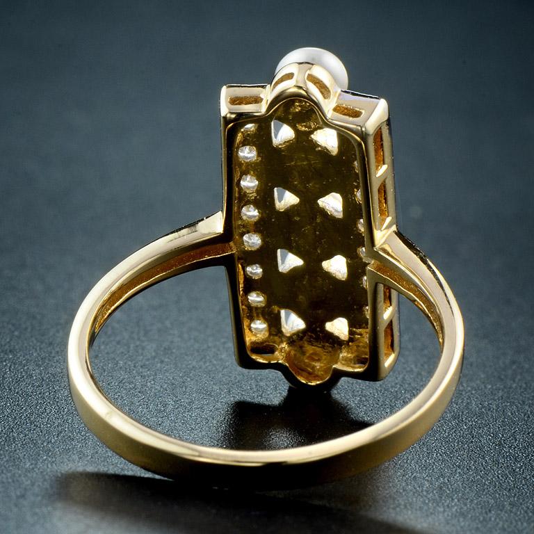 Women's Five Fresh Water Pearl and Diamond Vintage Style Ring in 9K Yellow Gold For Sale