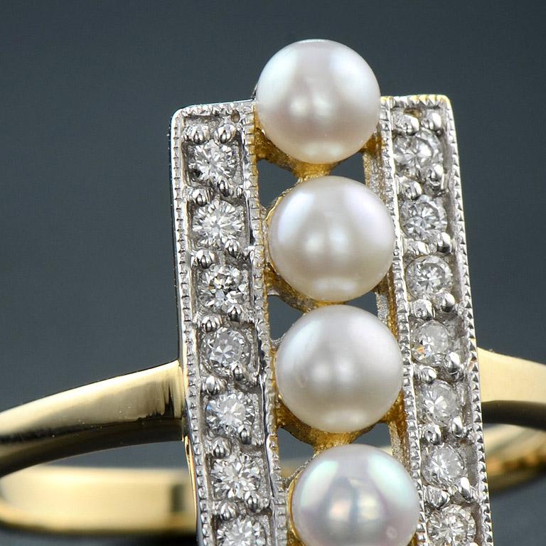 Five Fresh Water Pearl and Diamond Vintage Style Ring in 9K Yellow Gold For Sale 1