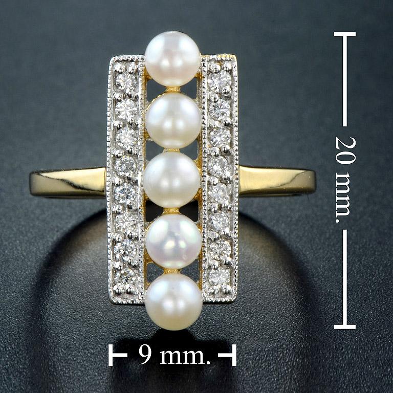 Five Fresh Water Pearl and Diamond Vintage Style Ring in 9K Yellow Gold For Sale 2