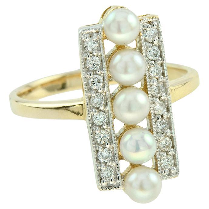 Five Fresh Water Pearl and Diamond Vintage Style Ring in 9K Yellow Gold For Sale