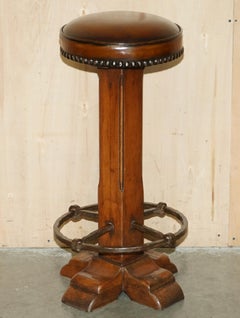 FIVE FULLY RESTORED ANTIQUE EDWARDIAN OAK & BROWN LEATHER KITCHEN BAR STOOLs