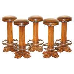 FIVE FULLY RESTORED ANTIQUE EDWARDIAN OAK & BROWN LEATHER KITCHEN BAR STOOLs