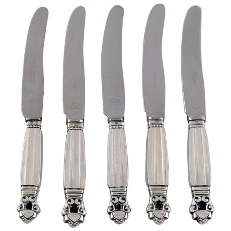 Five Georg Jensen Acorn Fruit Knives in Sterling Silver and Stainless Steel For Sale