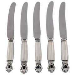 Vintage Five Georg Jensen Acorn Fruit Knives in Sterling Silver and Stainless Steel