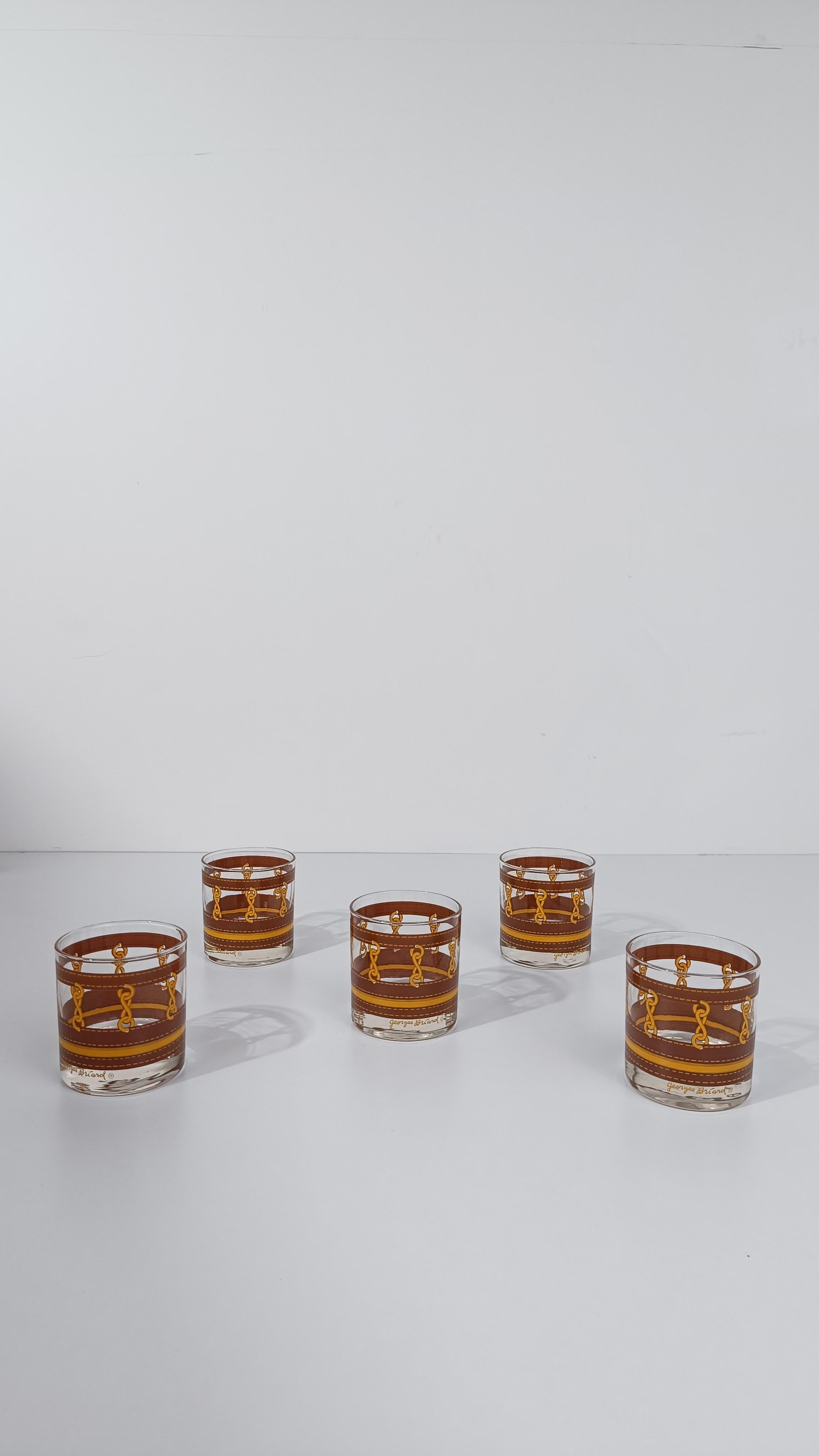Five Georges Briard Low Ball Glasses decorated with chain motif and Leather For Sale 7