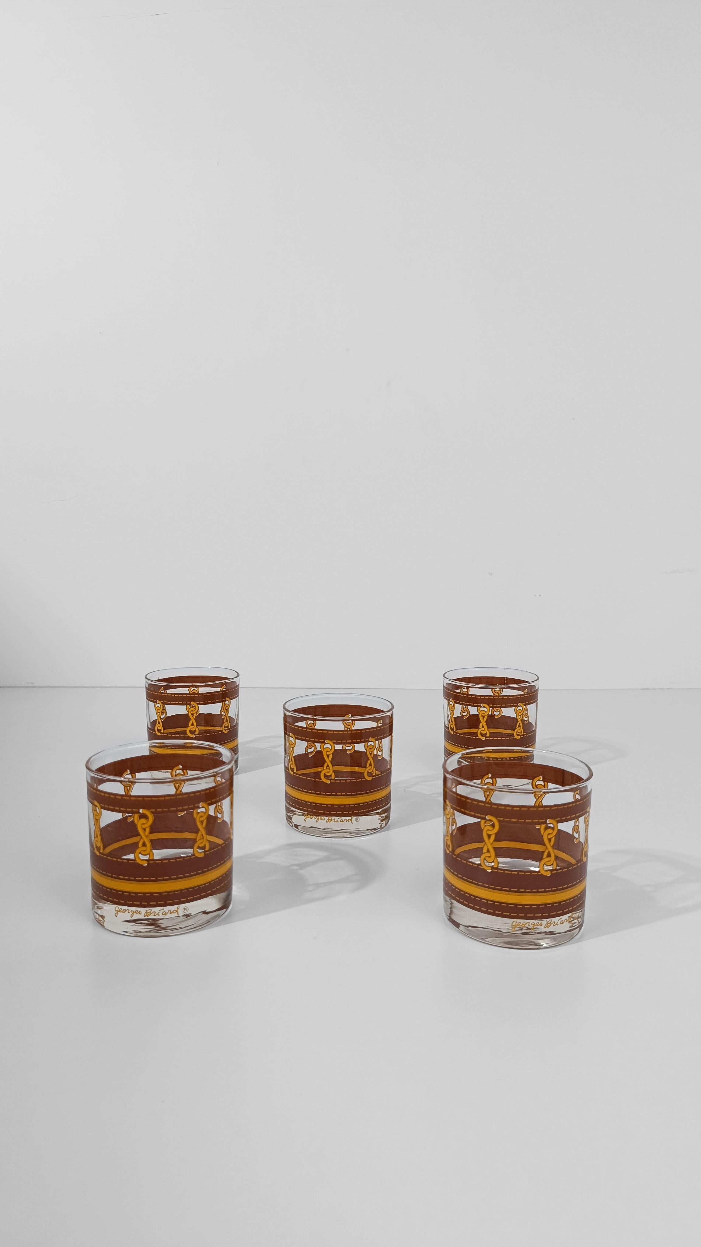 Five Georges Briard Low Ball Glasses decorated with chain motif and Leather For Sale 8