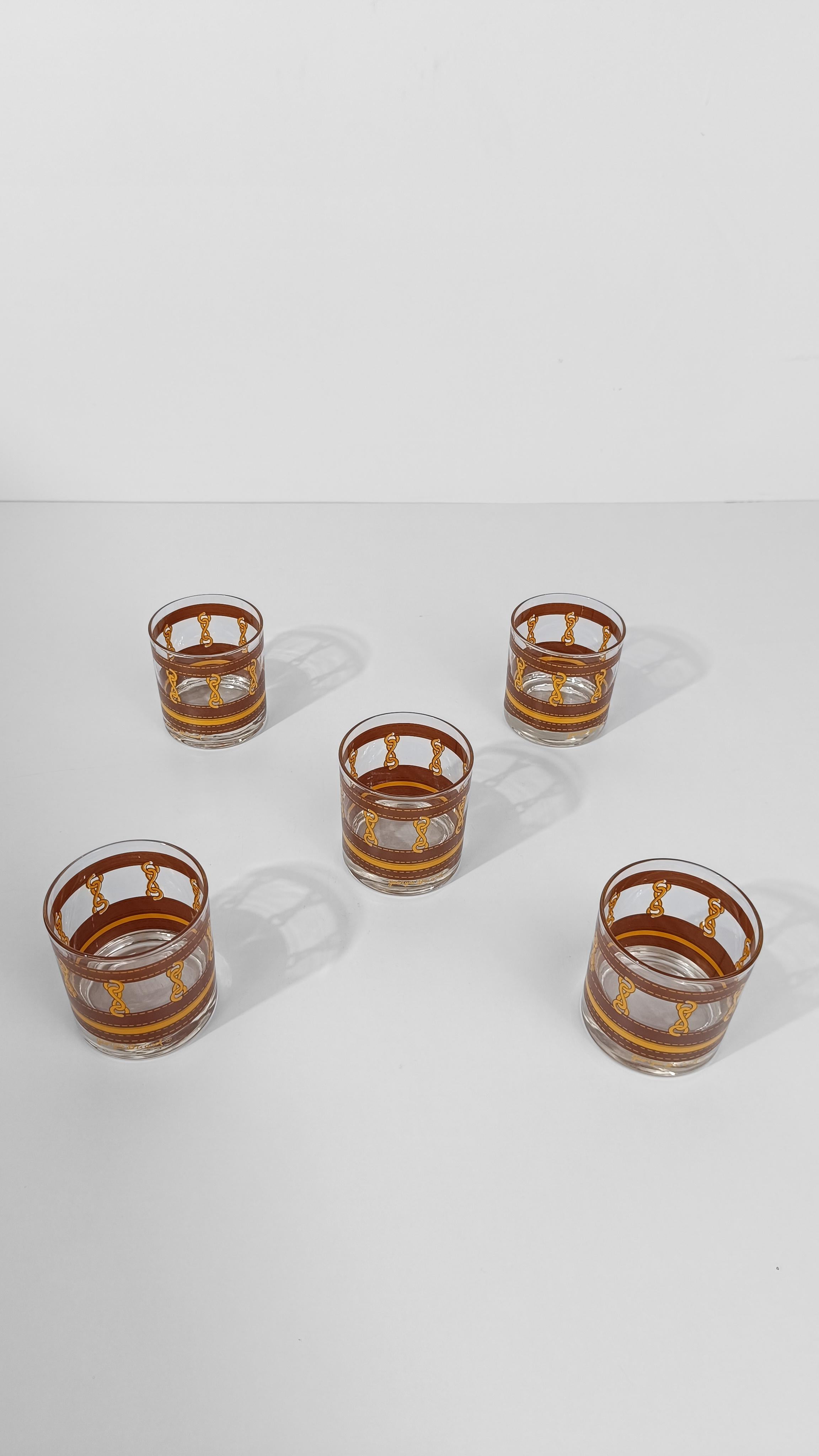Five Georges Briard Low Ball Glasses decorated with chain motif and Leather For Sale 9