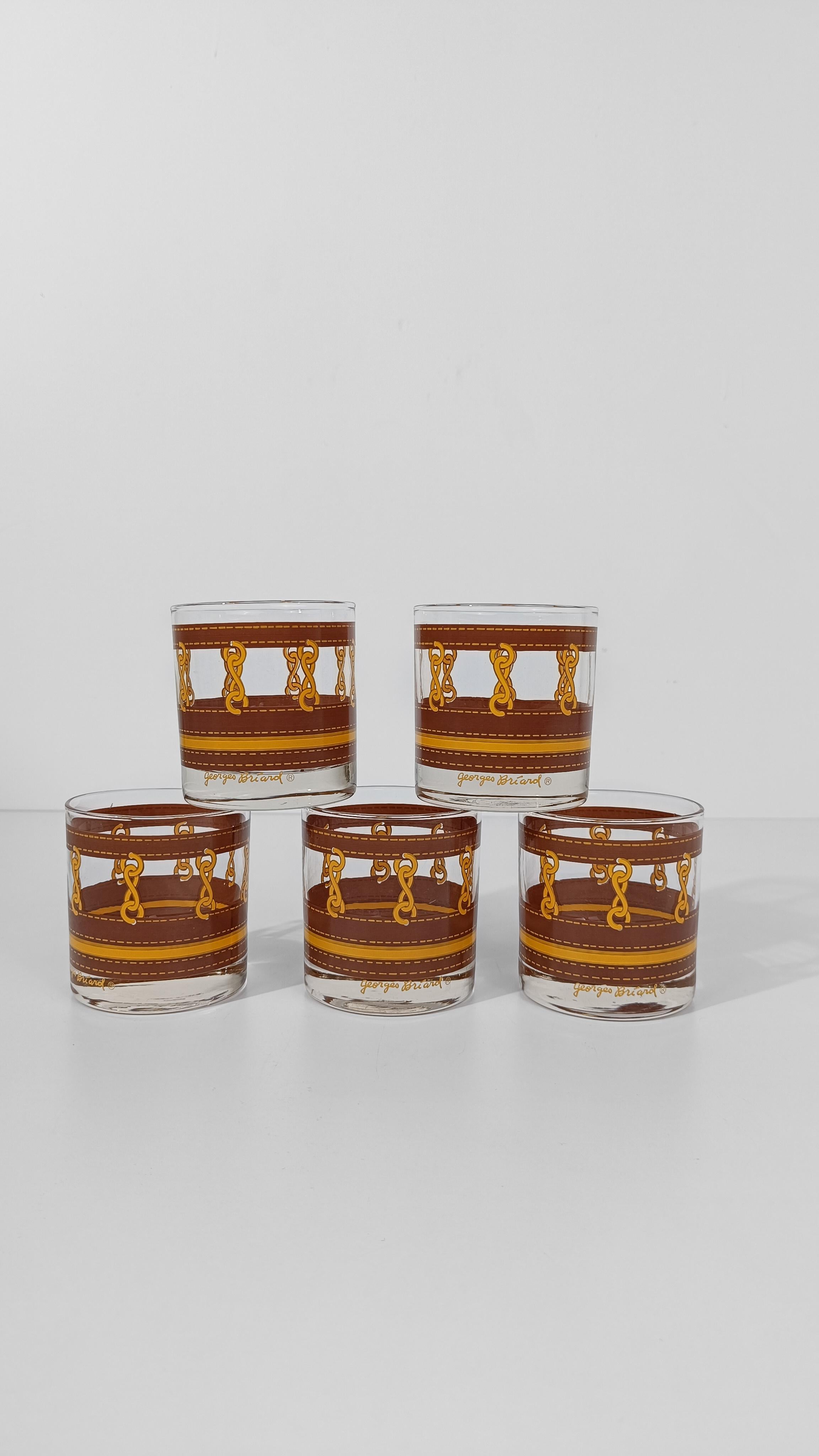 Five Georges Briard Low Ball Glasses decorated with chain motif and Leather For Sale 10