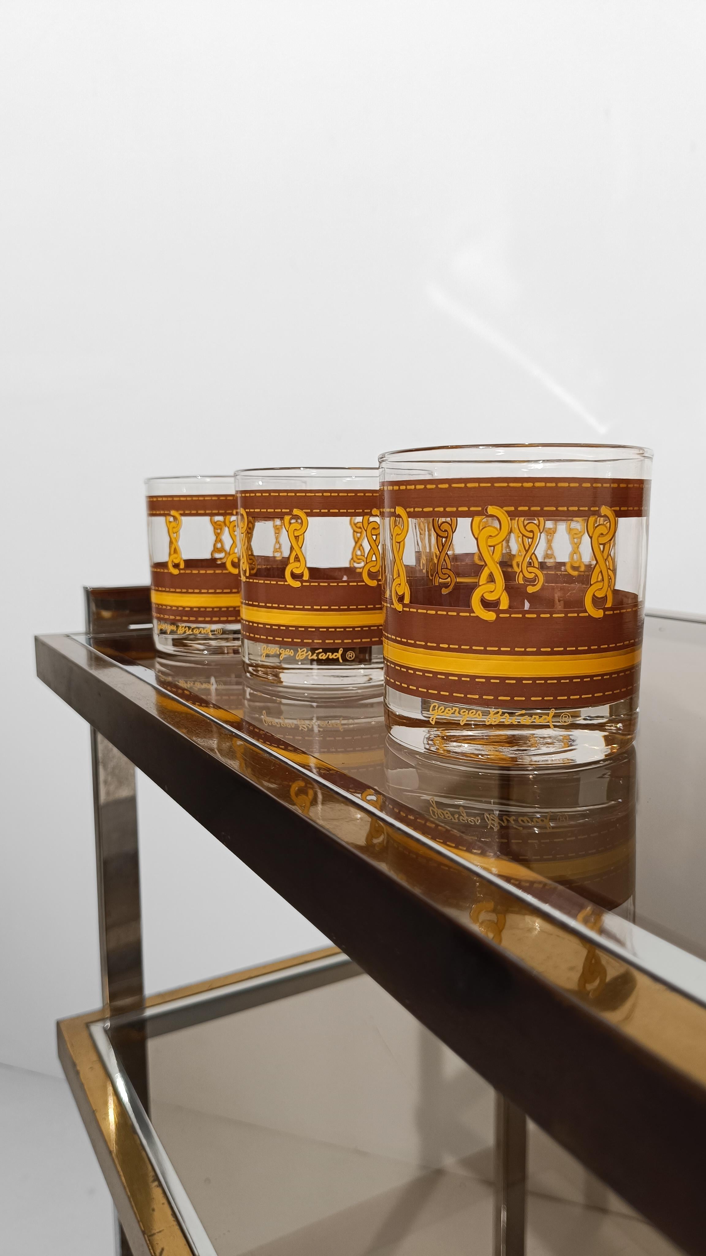 Five Georges Briard Low Ball Glasses decorated with chain motif and Leather In Good Condition For Sale In Roma, IT