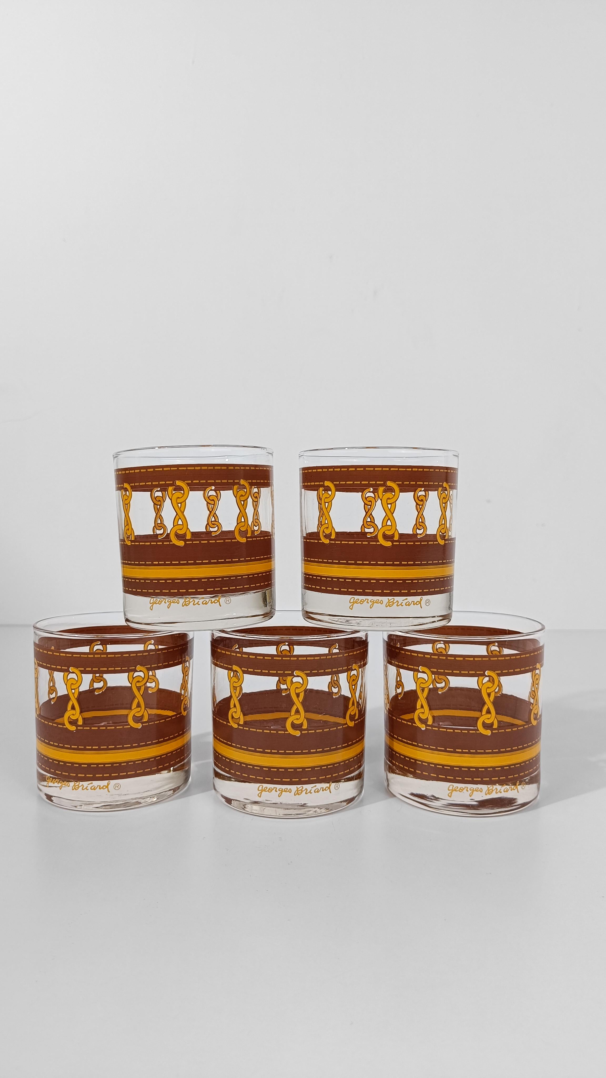 Five Georges Briard Low Ball Glasses decorated with chain motif and Leather For Sale 1