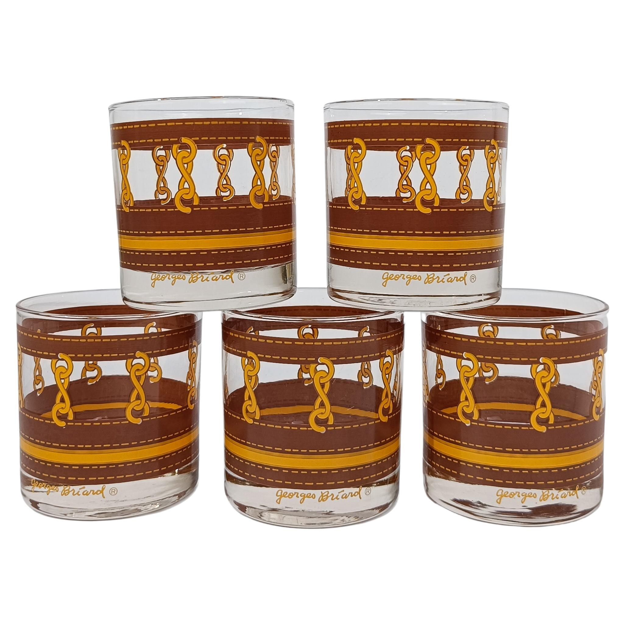 Five Georges Briard Low Ball Glasses decorated with chain motif and Leather