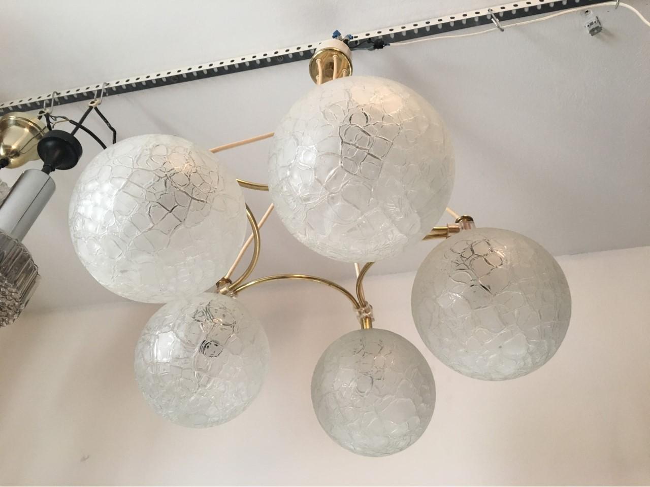 German Five Glass Balls Orbit Chandelier from Doria Leuchten, 1960s For Sale