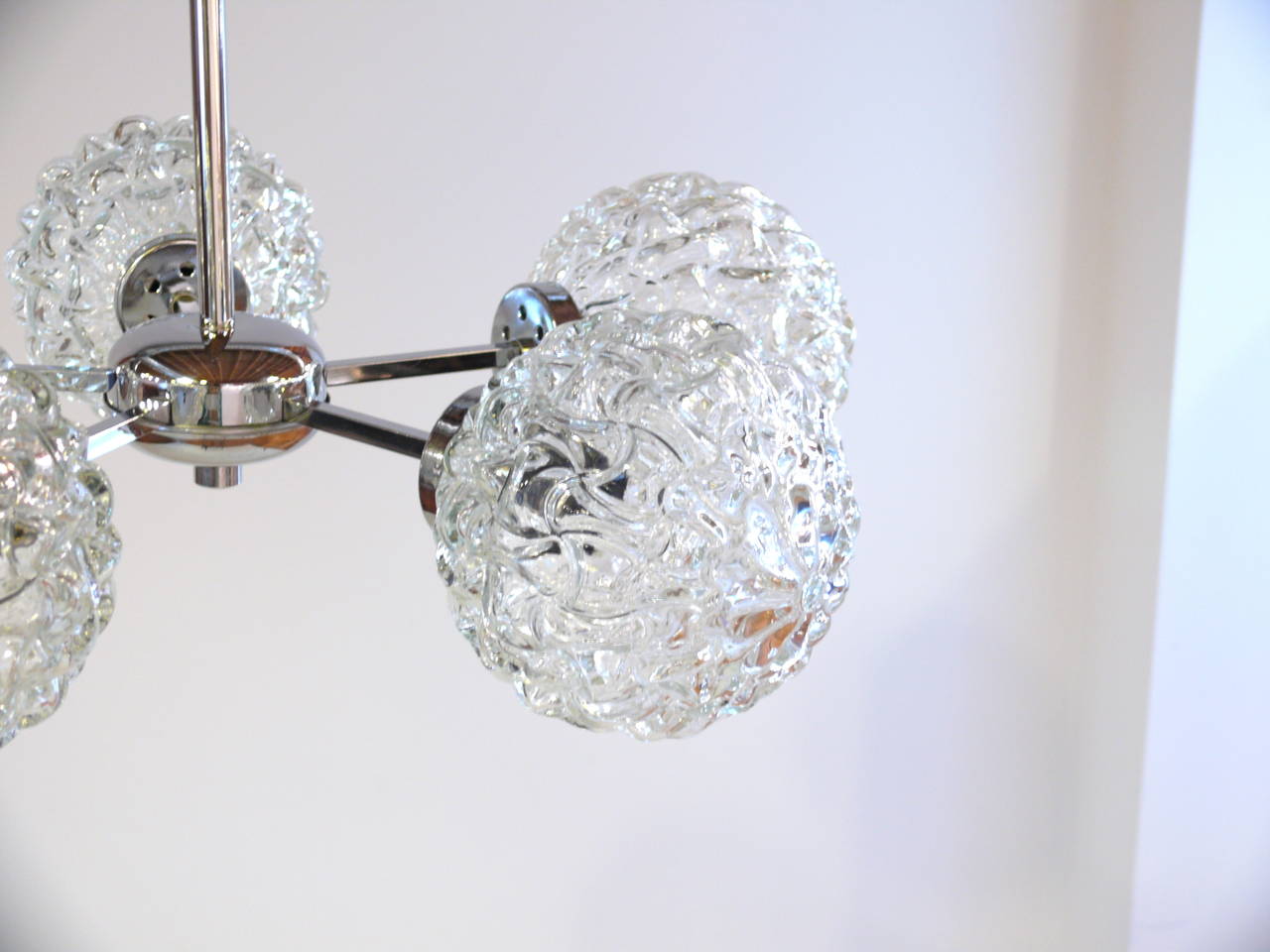 Austrian Five-Globe Glass and Chrome Sputnik Chandelier in the Style of Kalmar