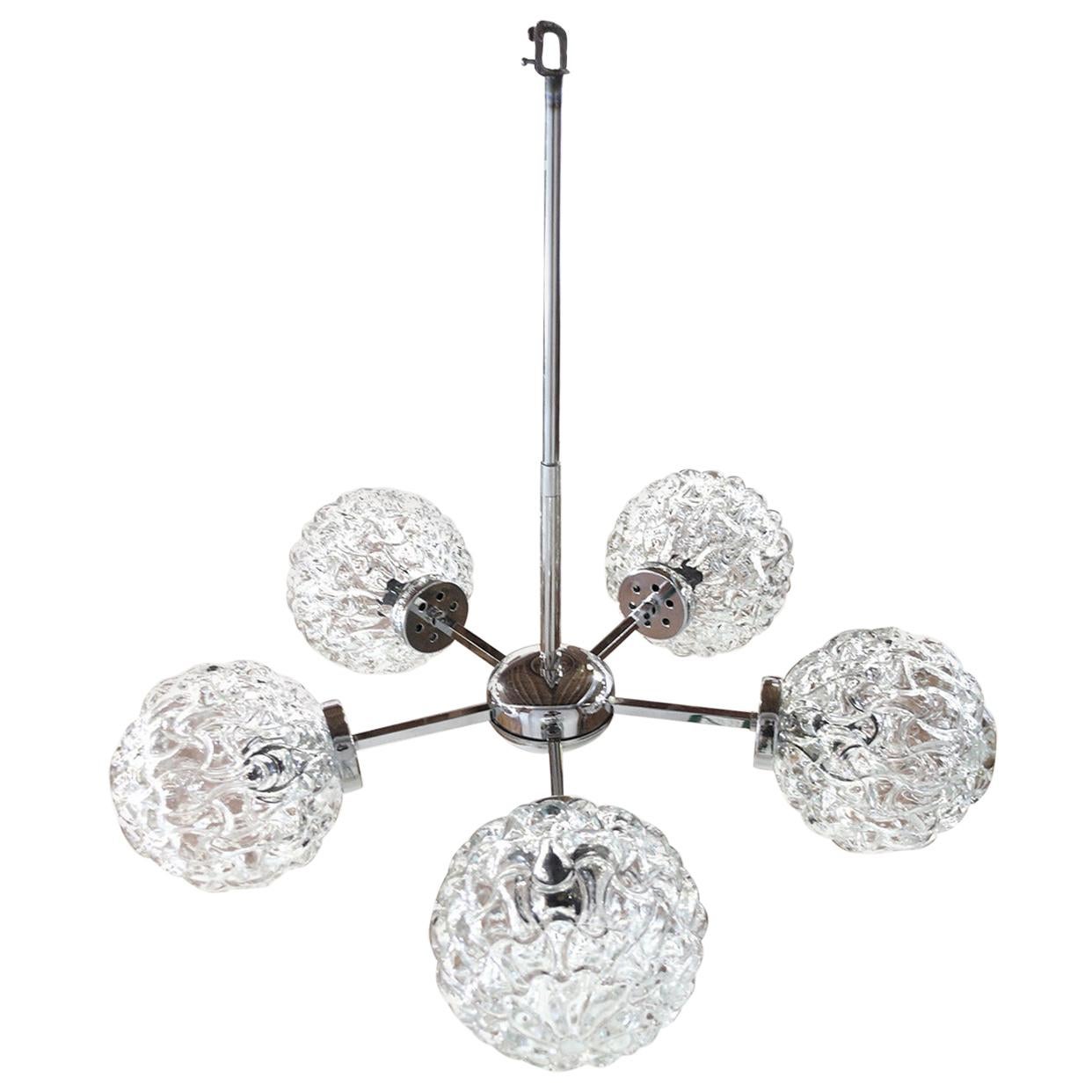 Five-Globe Glass and Chrome Sputnik Chandelier in the Style of Kalmar