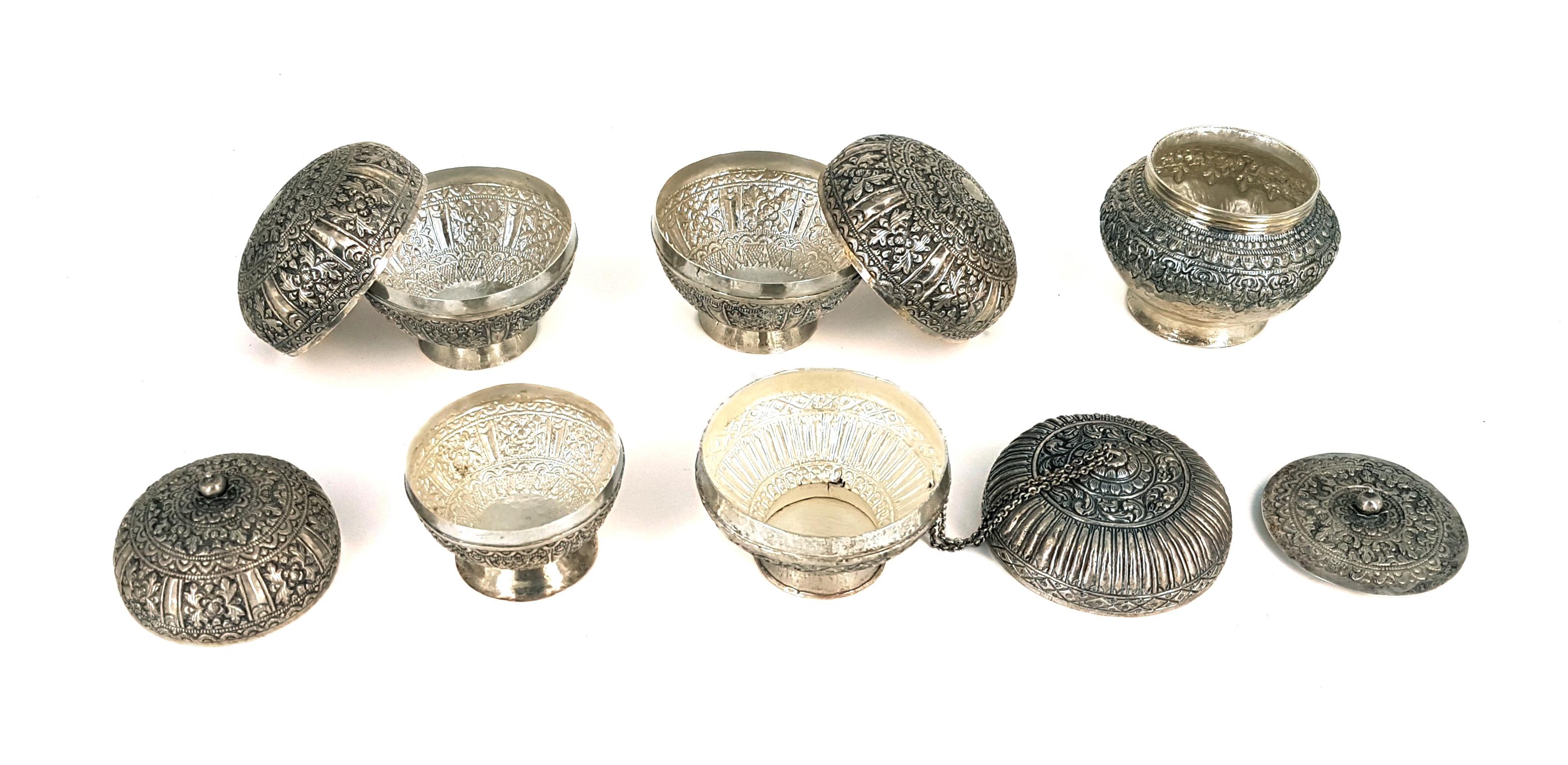 Modern Five Globular Vessels with Indonesian Lids in Repoussé Silver For Sale