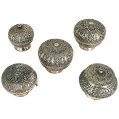 Five Globular Vessels with Indonesian Lids in Repoussé Silver