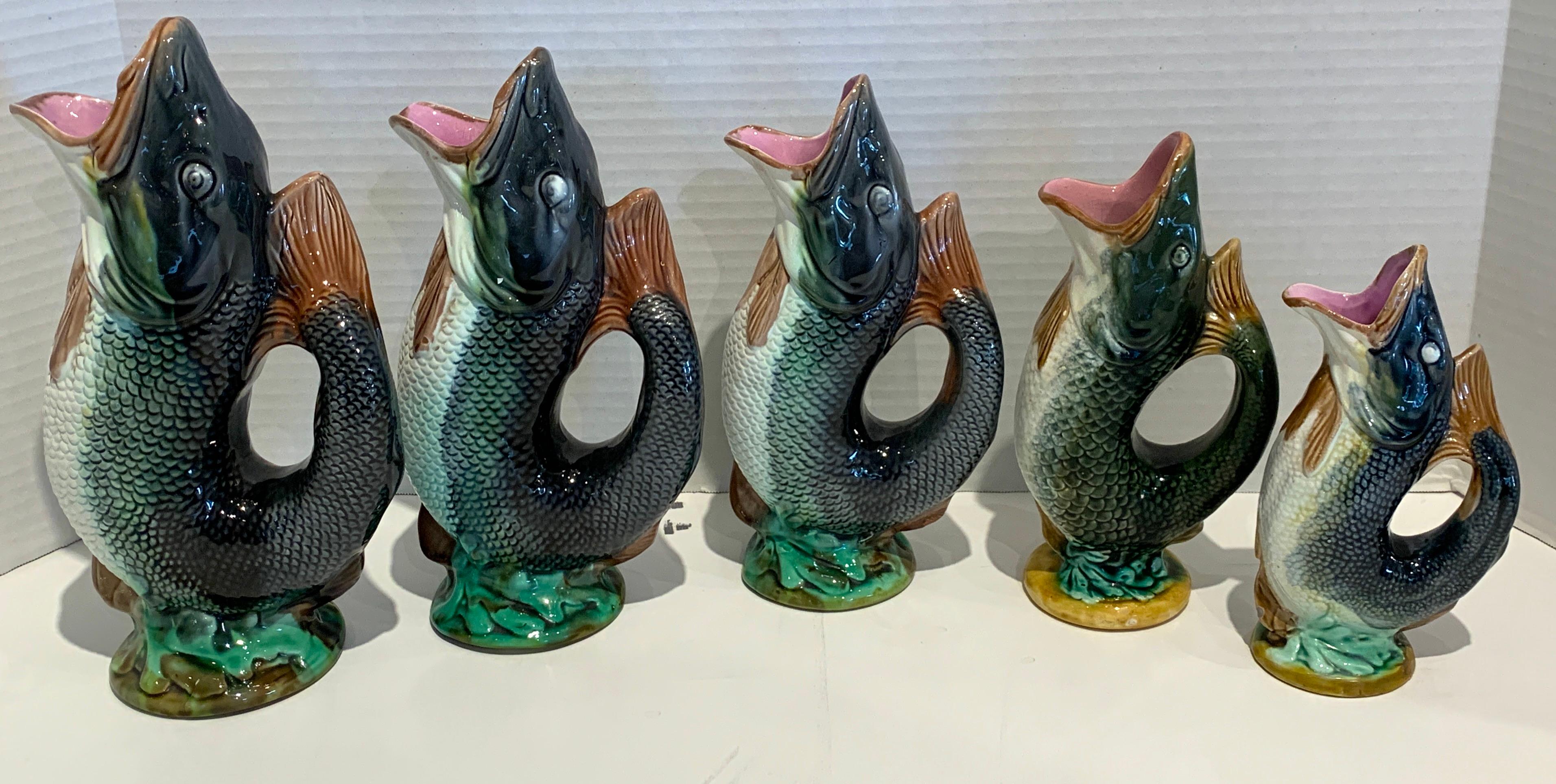 High Victorian Five Graduating Majolica Fish Pitchers, by Adams & Bromley