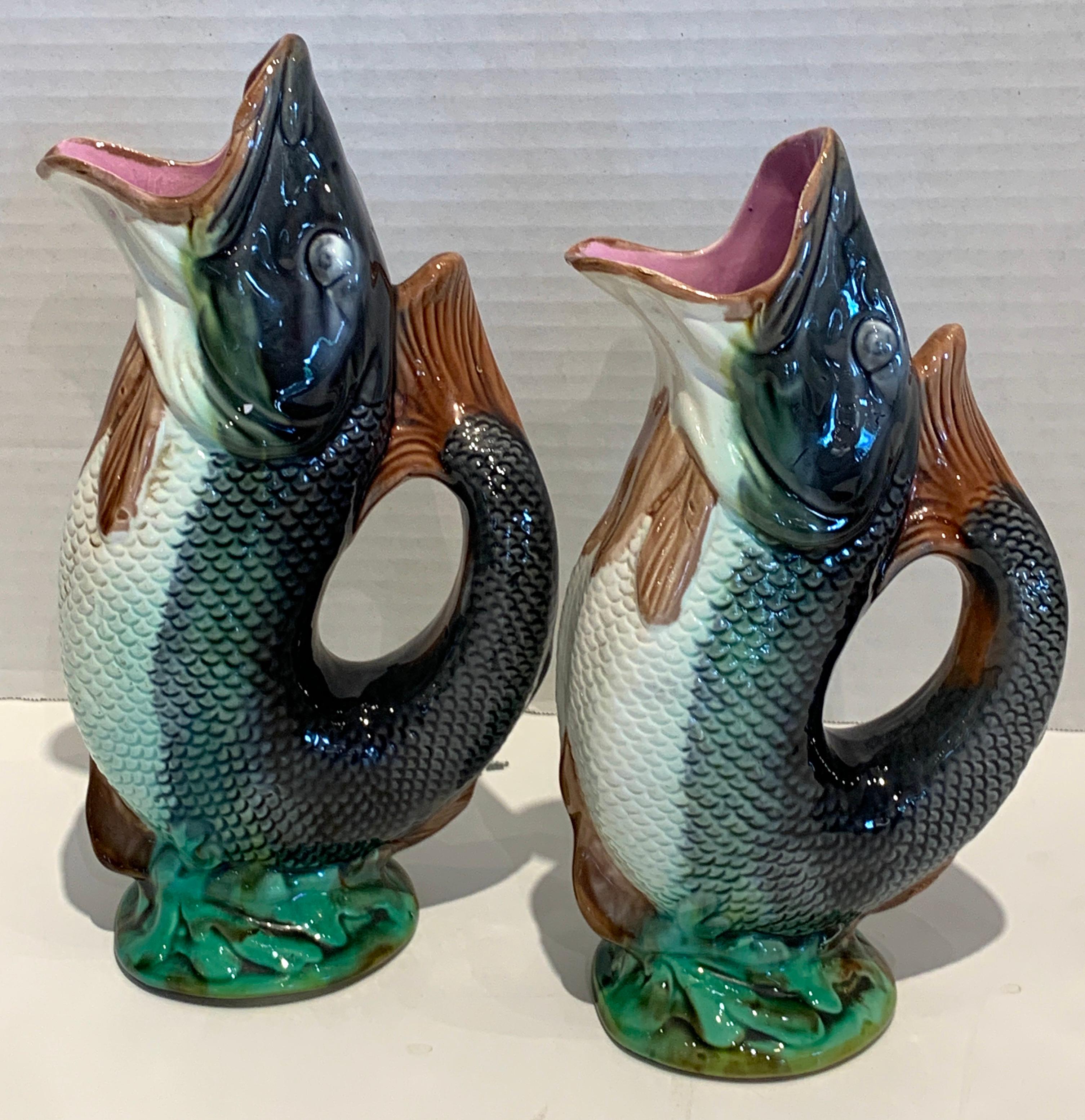 19th Century Five Graduating Majolica Fish Pitchers, by Adams & Bromley