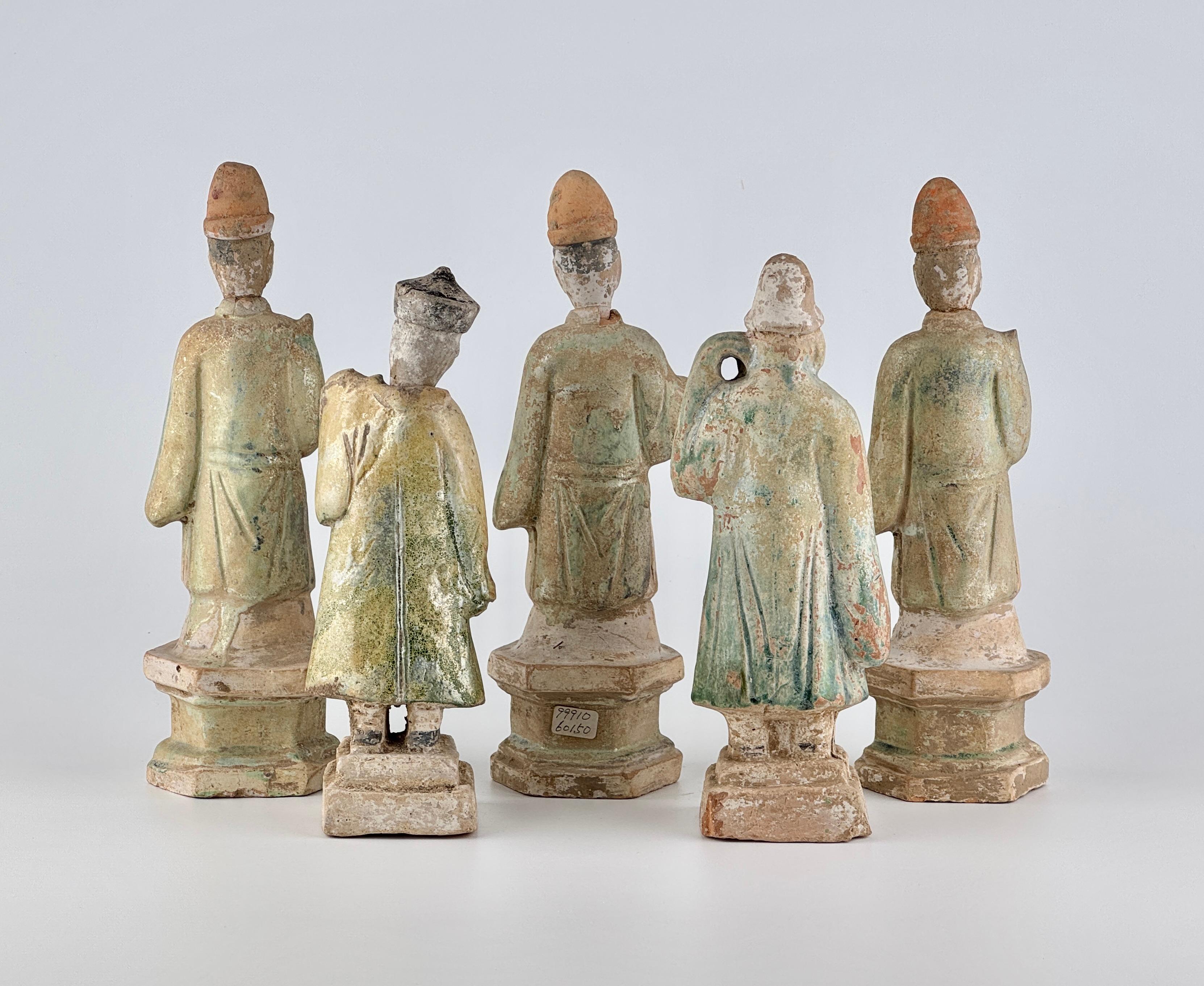 Hong Kong Five Green Glazed Pottery Attendant Figures, Ming Dynasty(1368-1644) For Sale