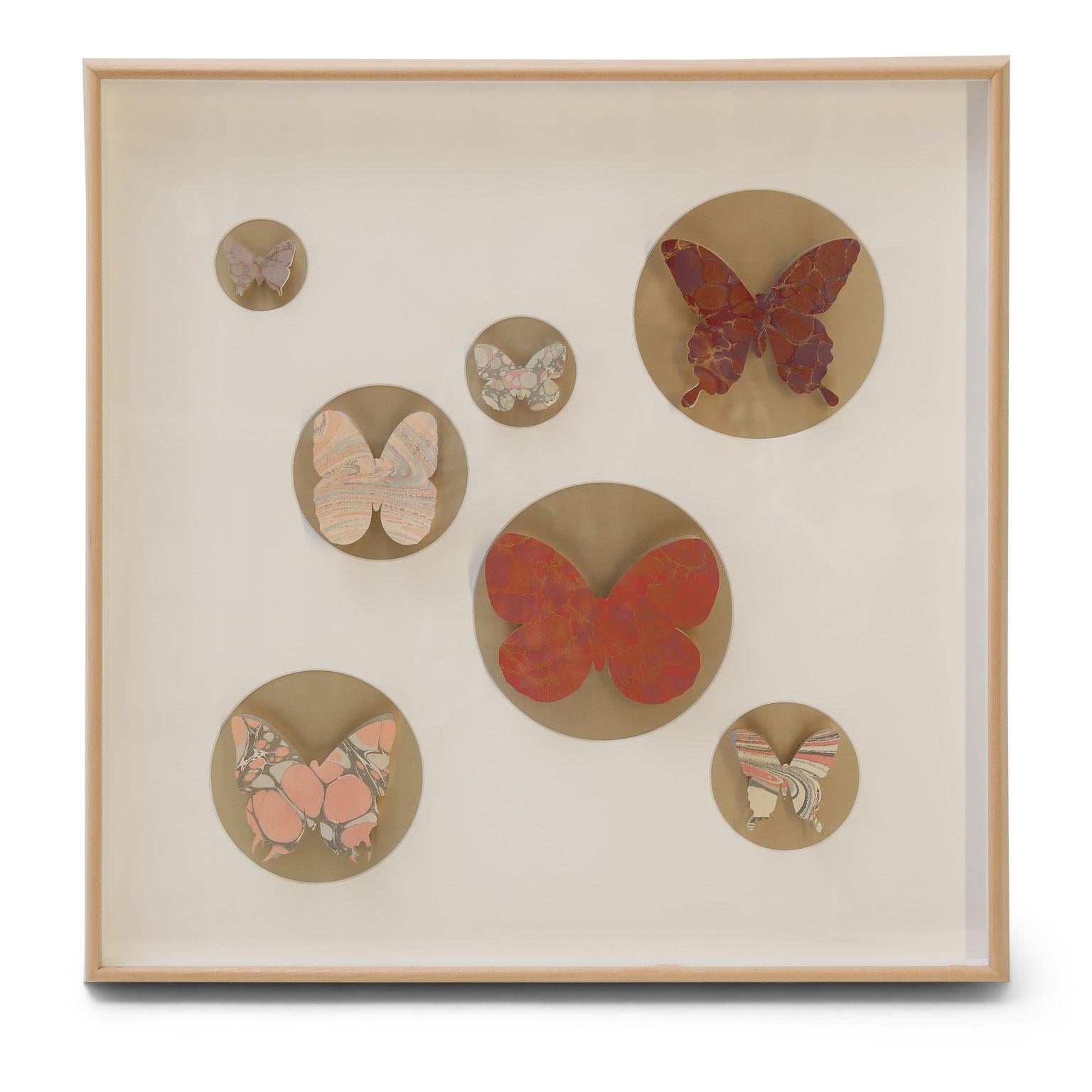 Five hand-cut butterfly boxes, vintage hand painted Marbalia wallpaper samples (circa 1957) hand-cut into butterfly shapes, mounted on brushed gold foil. Marbalia wallpaper, produced by Laverne Originals (Erwine and Estelle Laverne) in the 1950s,